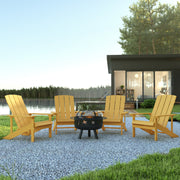 5 Piece Charlestown Yellow Commercial Poly Resin Wood Adirondack Chair Set with Fire Pit - Star and Moon Fire Pit with Mesh Cover