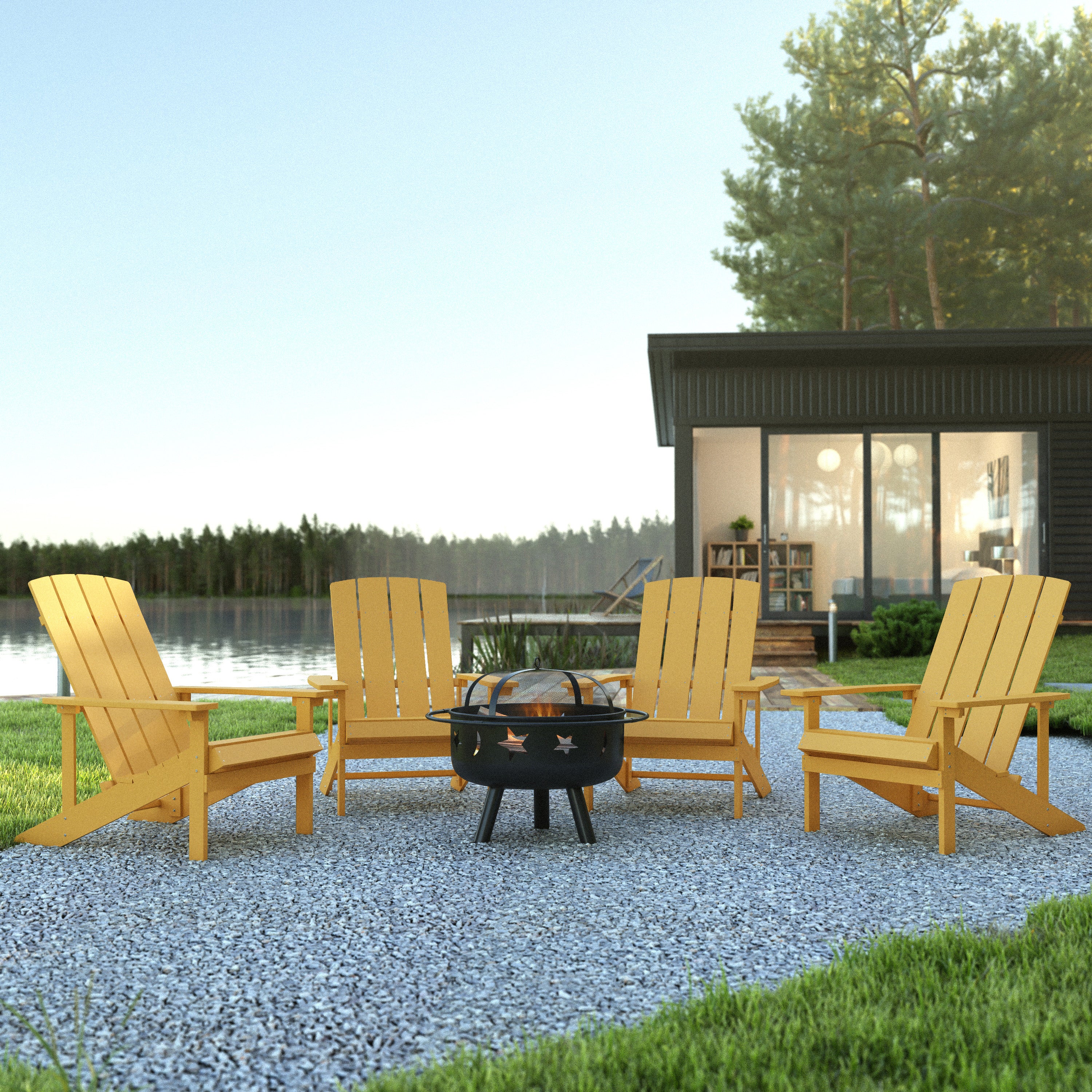 5 Piece Charlestown Yellow Commercial Poly Resin Wood Adirondack Chair Set with Fire Pit - Star and Moon Fire Pit with Mesh Cover