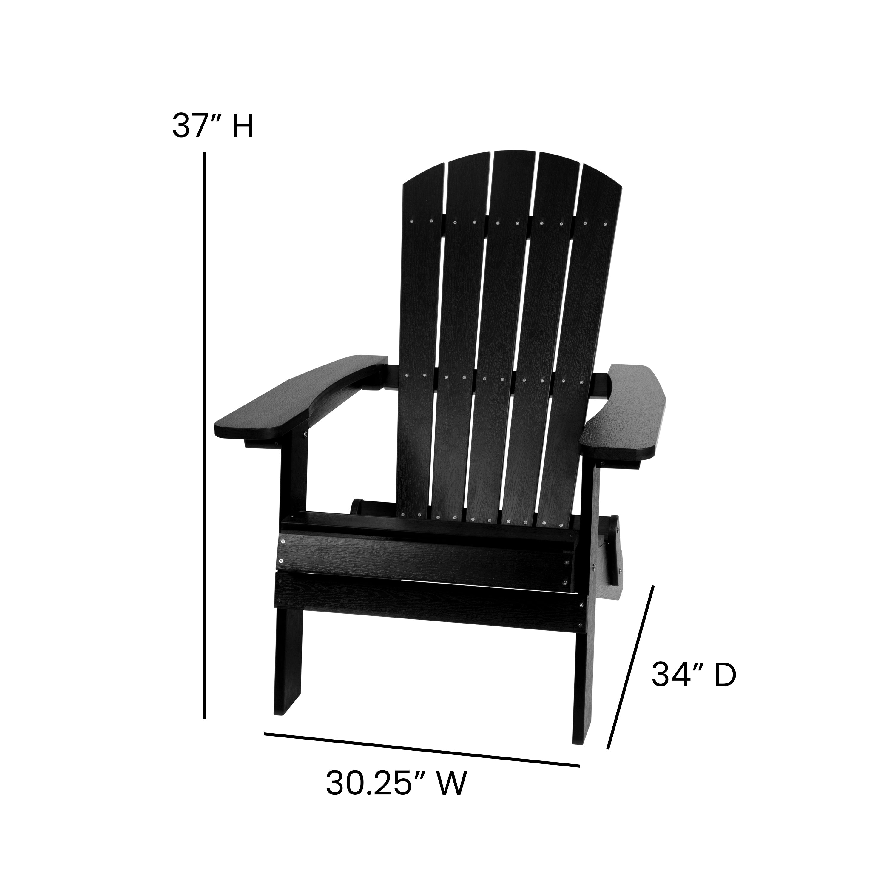 2 Pack Charlestown Commercial All-Weather Poly Resin Folding Adirondack Chairs with Side Table in Black
