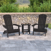 2 Pack Charlestown Commercial All-Weather Poly Resin Folding Adirondack Chairs with Side Table in Black