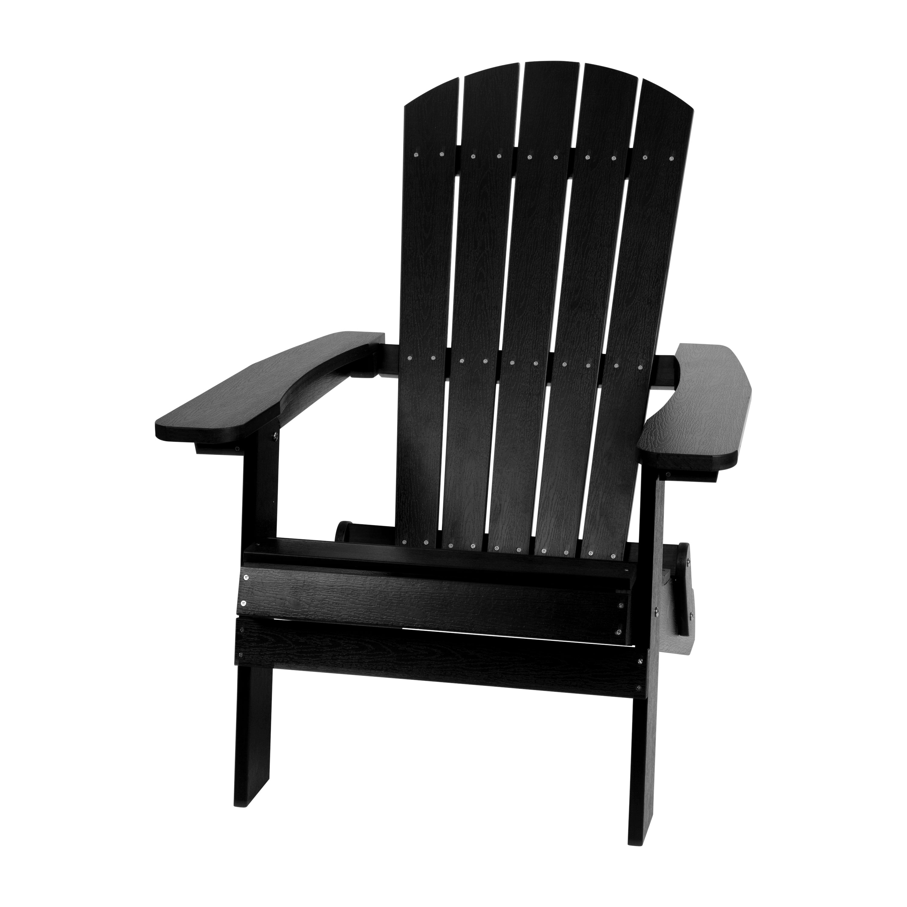 2 Pack Charlestown Commercial All-Weather Poly Resin Folding Adirondack Chairs with Side Table in Black