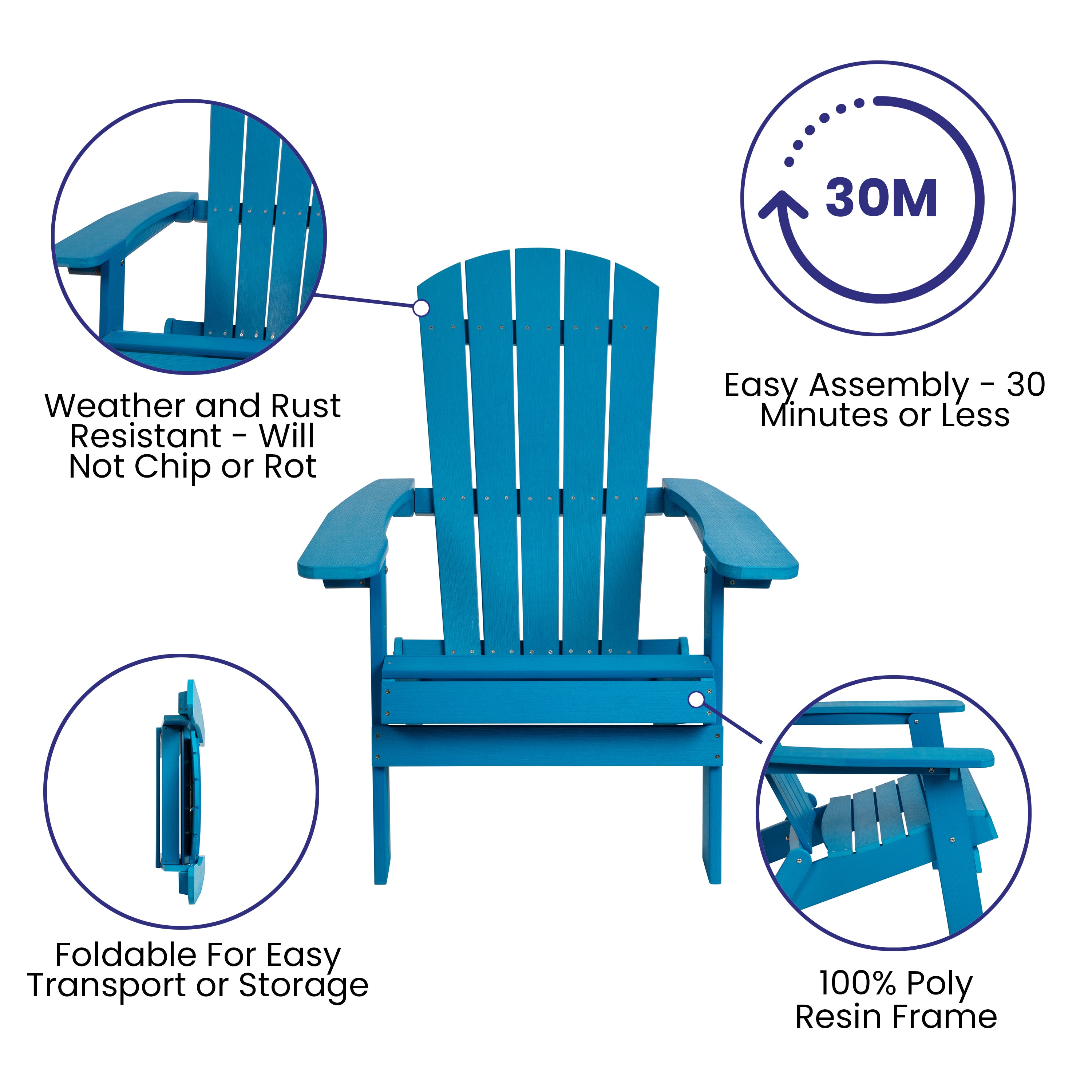2 Pack Charlestown Commercial All-Weather Poly Resin Folding Adirondack Chairs with Side Table in Blue