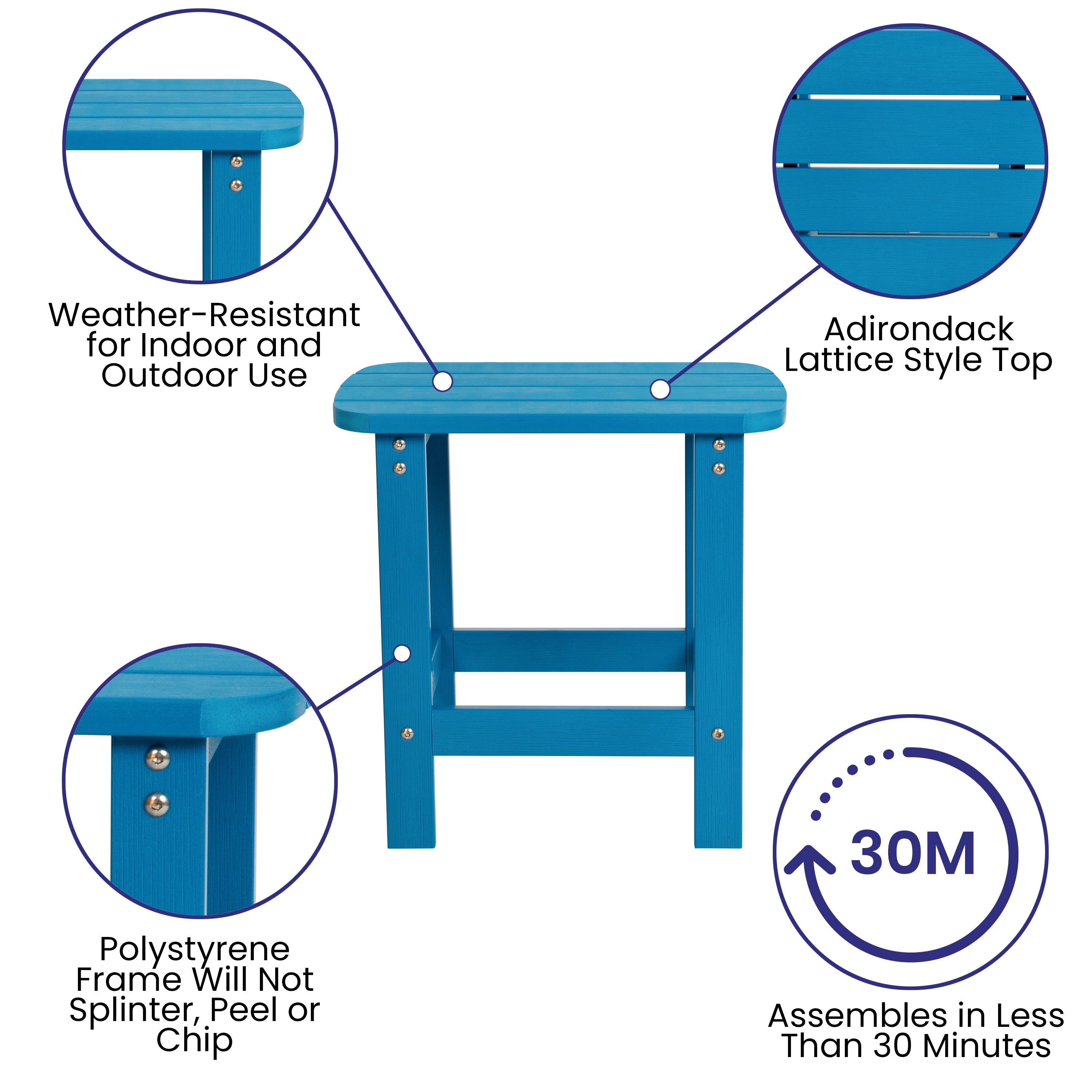 2 Pack Charlestown Commercial All-Weather Poly Resin Folding Adirondack Chairs with Side Table in Blue