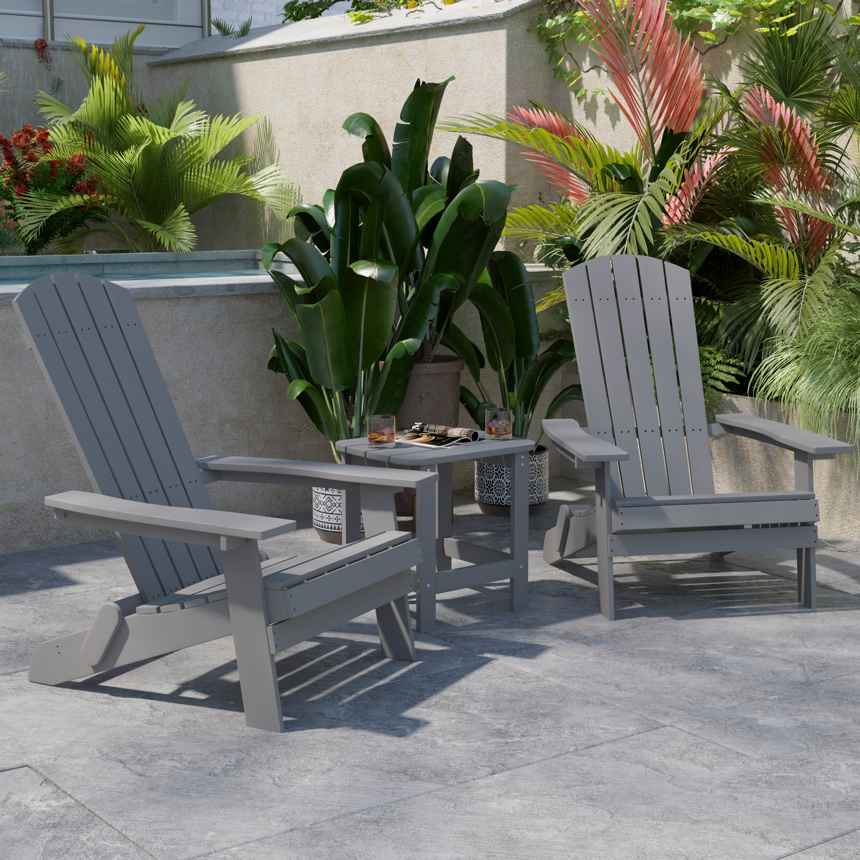 2 Pack Charlestown Commercial All-Weather Poly Resin Folding Adirondack Chairs with Side Table in Gray