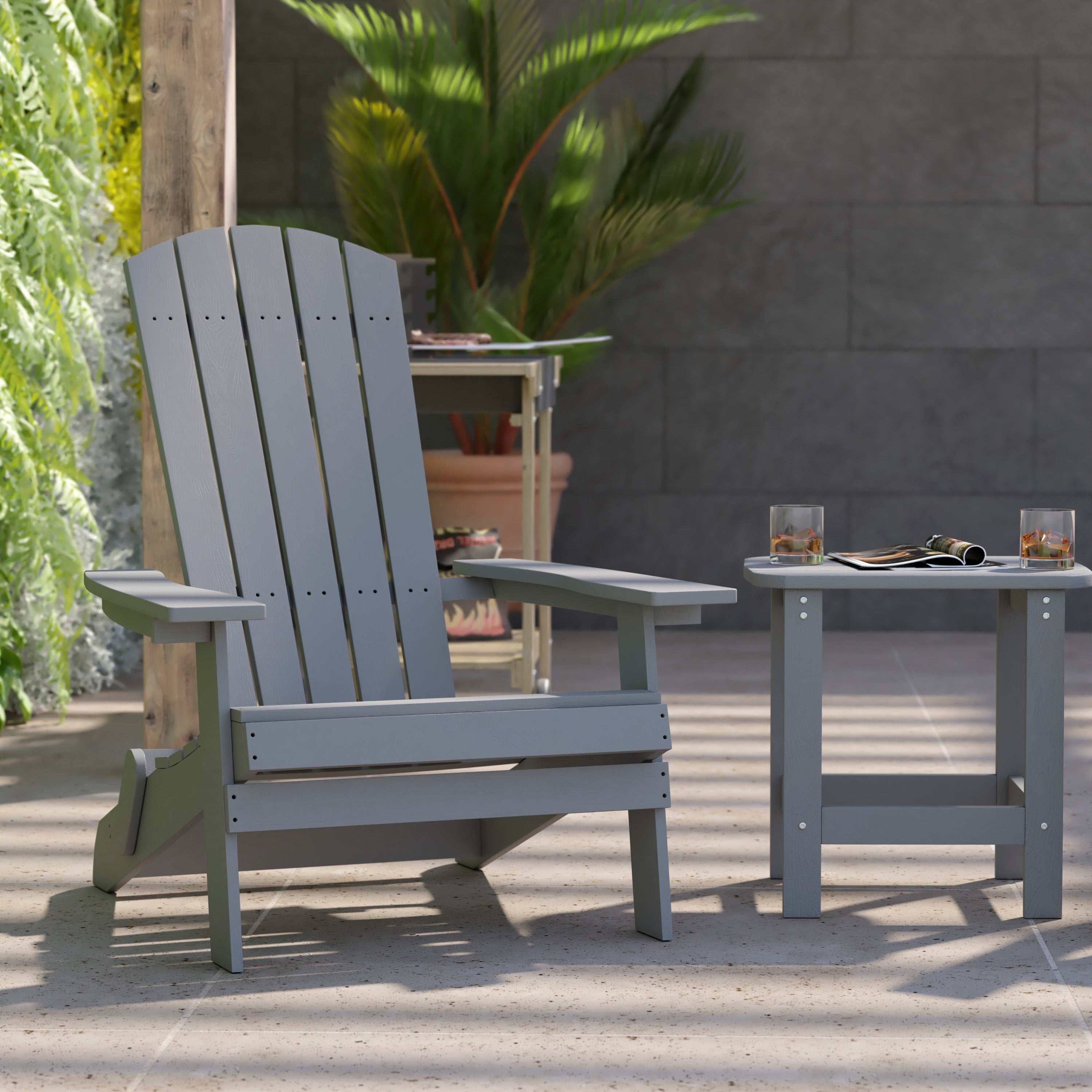 2 Pack Charlestown Commercial All-Weather Poly Resin Folding Adirondack Chairs with Side Table in Gray