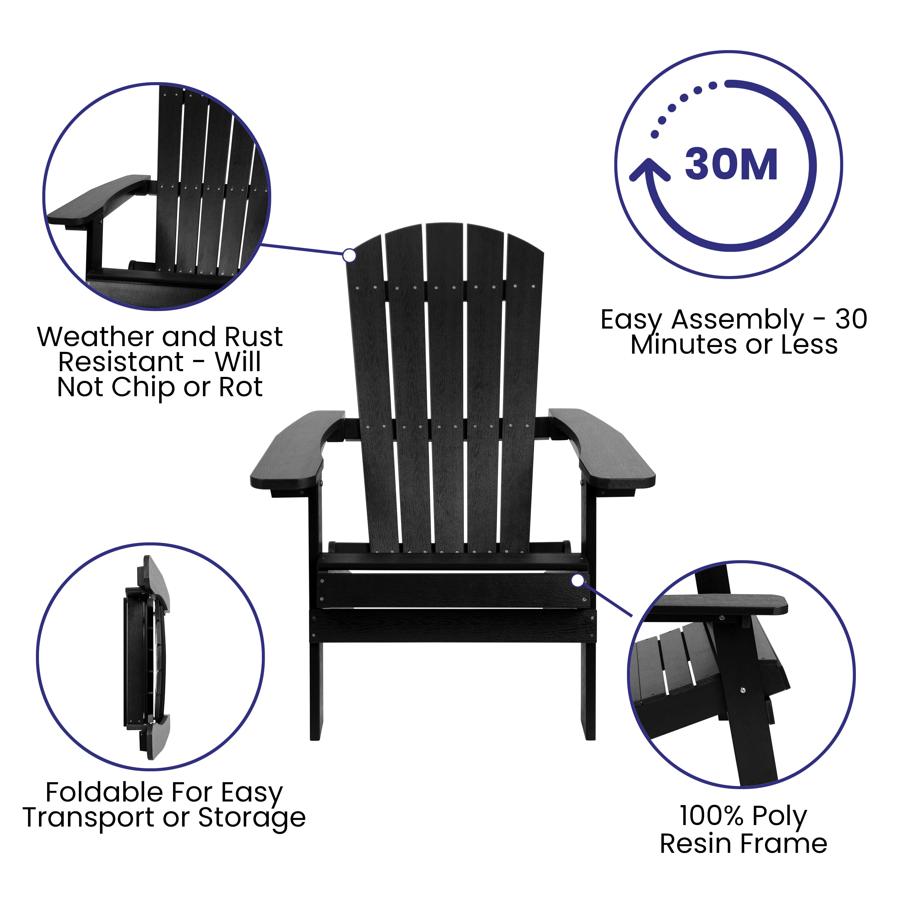 Charlestown Commercial All-Weather Poly Resin Indoor/Outdoor Folding Adirondack Chair in Black