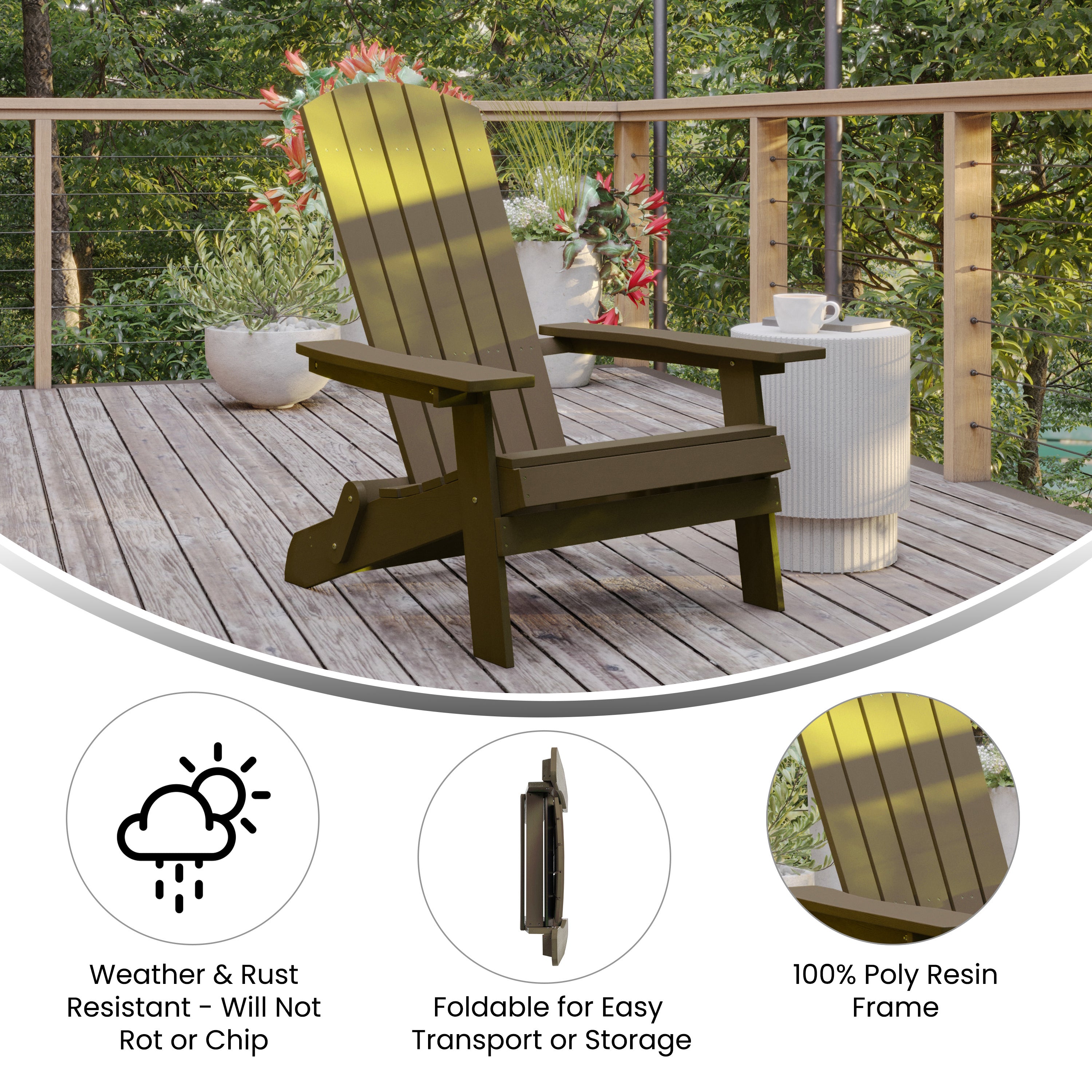 Charlestown Commercial Folding Adirondack Chair - Mahogany - Poly Resin - Indoor/Outdoor - Weather Resistant