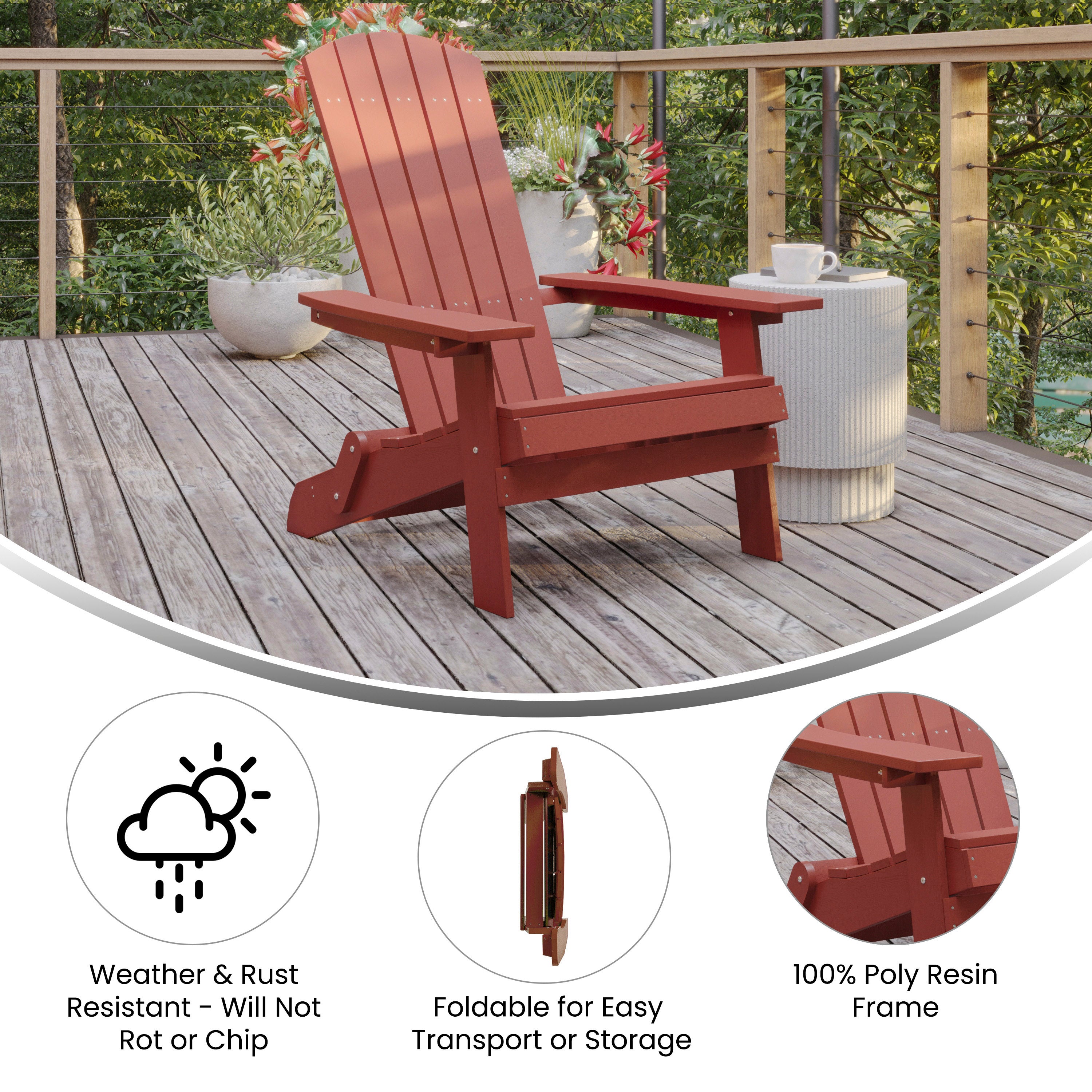Charlestown Commercial Folding Adirondack Chair - Red - Poly Resin - Indoor/Outdoor - Weather Resistant