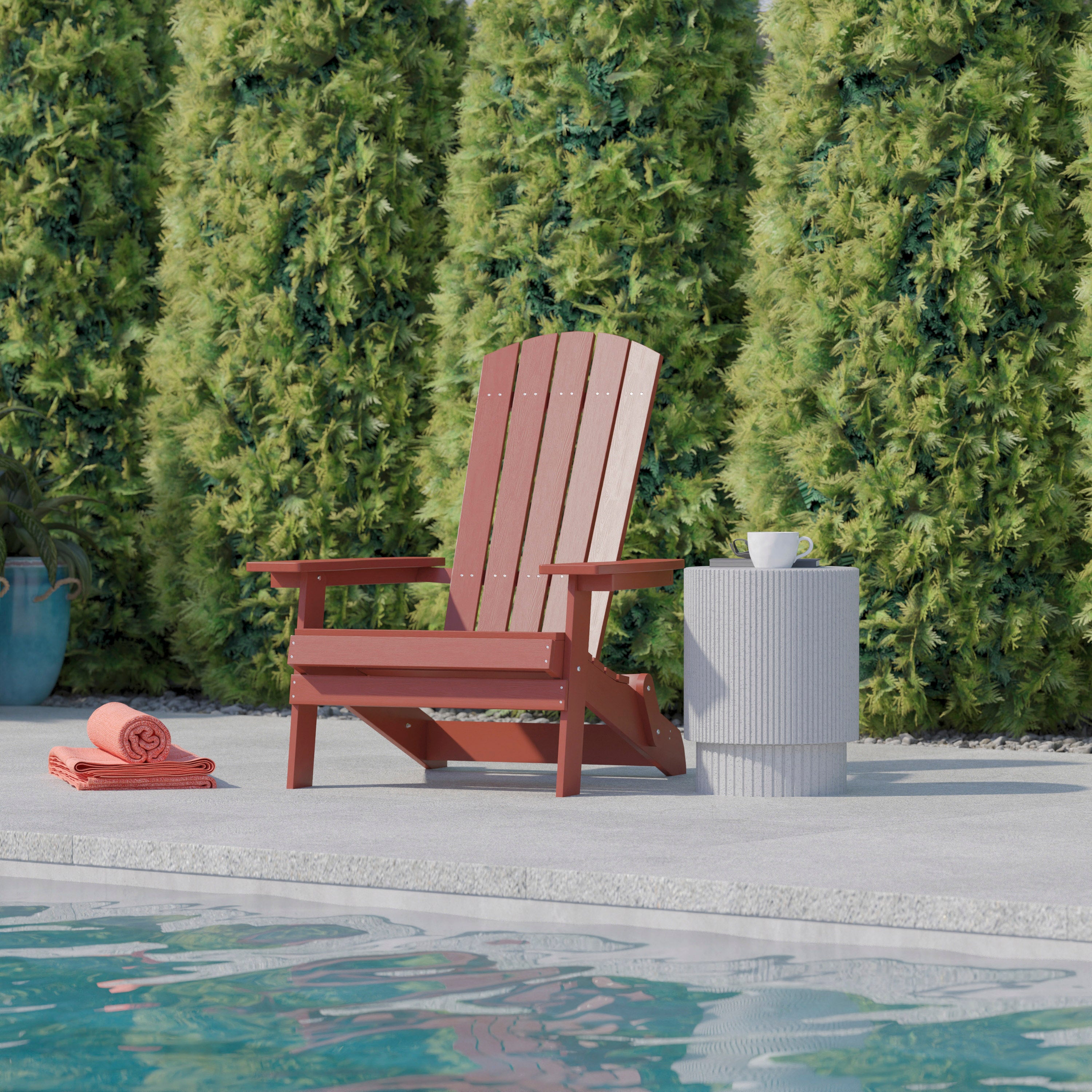 Charlestown Commercial Folding Adirondack Chair - Red - Poly Resin - Indoor/Outdoor - Weather Resistant