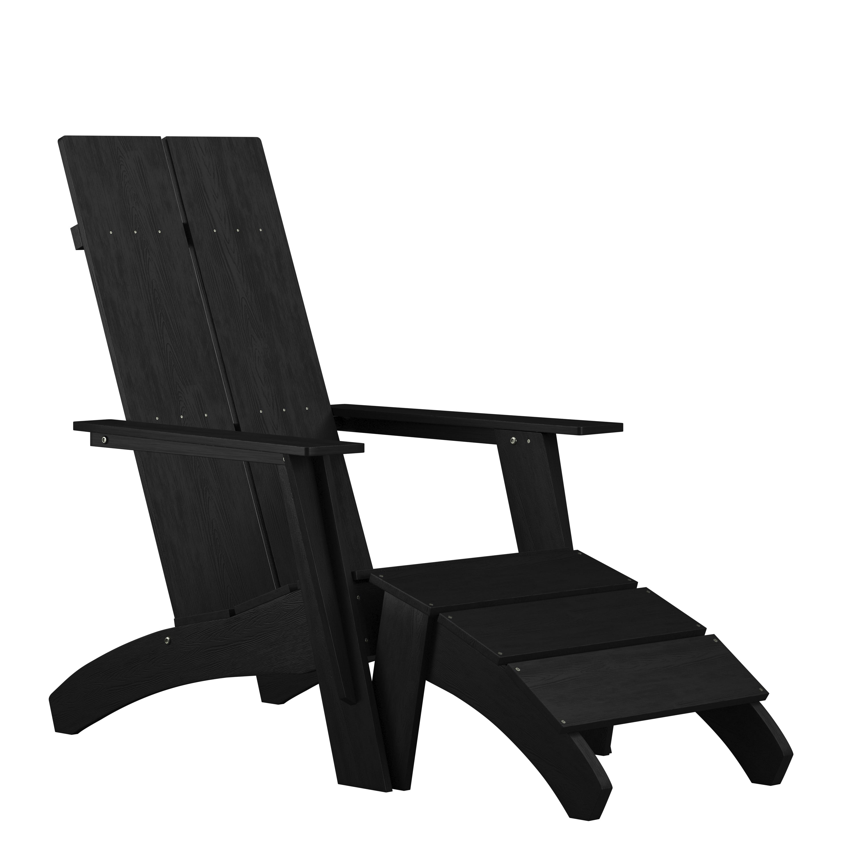 Sawyer Modern Commercial All-Weather Poly Resin Wood Adirondack Chair with Foot Rest in Black