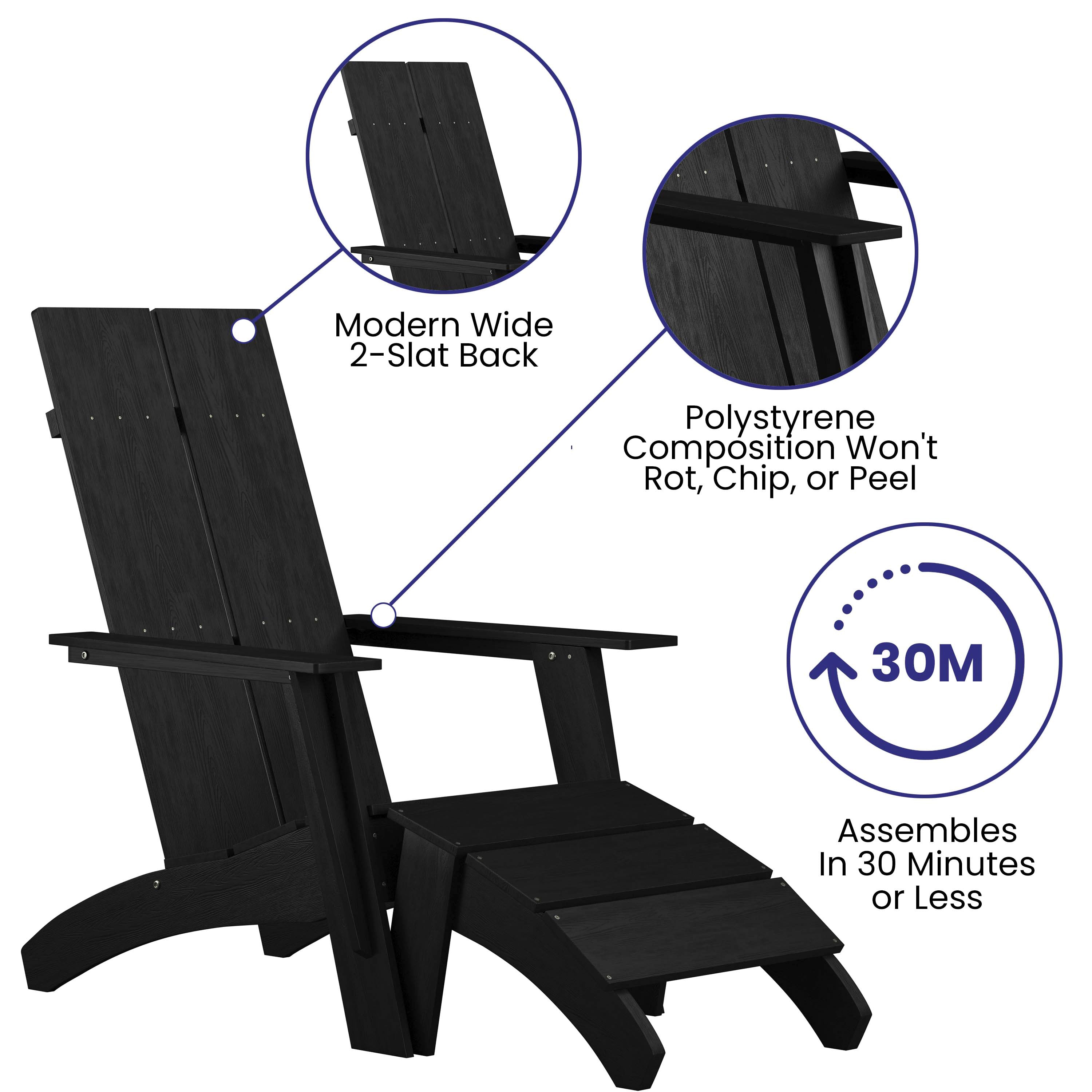 Sawyer Modern Commercial All-Weather Poly Resin Wood Adirondack Chair with Foot Rest in Black