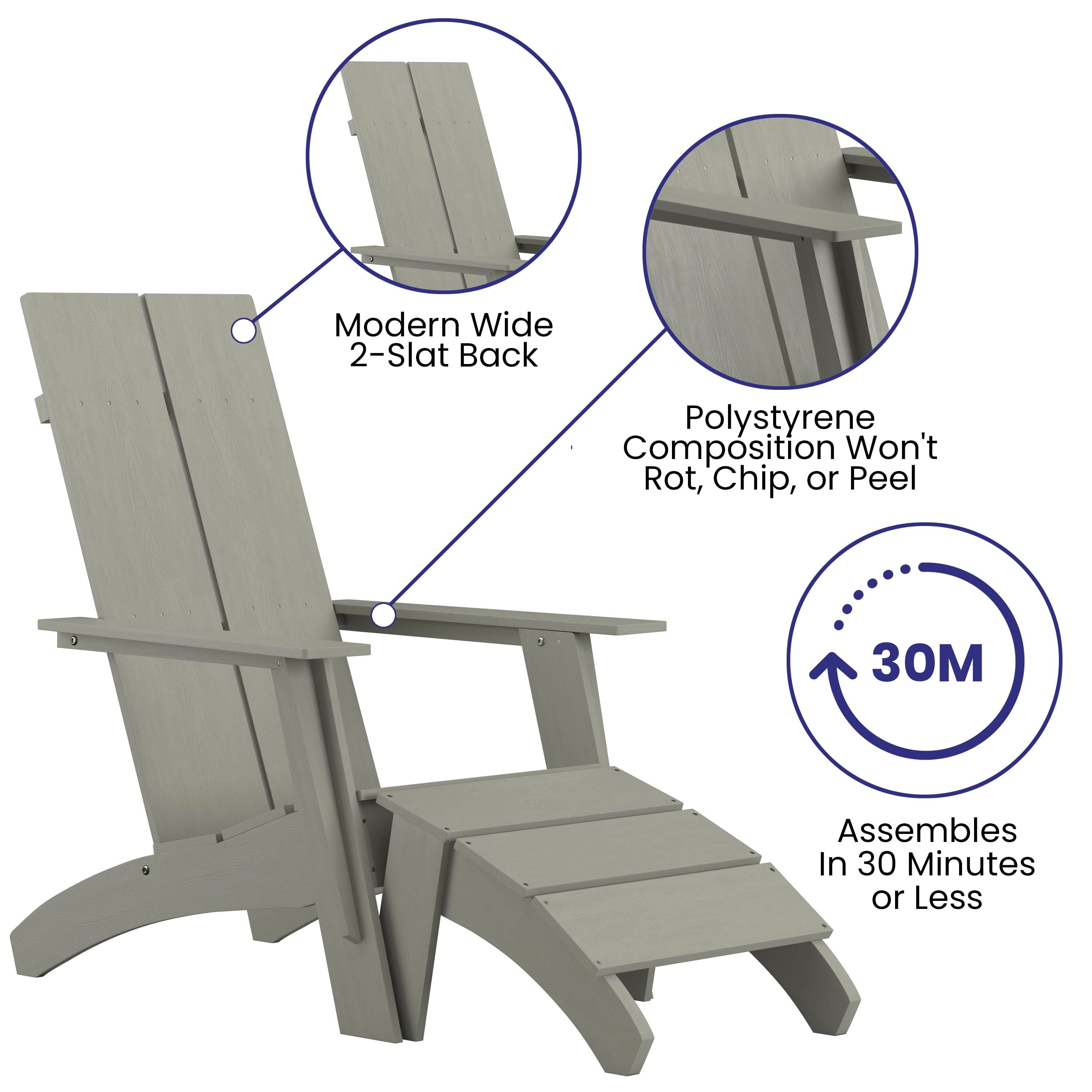 Sawyer Modern Commercial All-Weather Poly Resin Wood Adirondack Chair with Foot Rest in Gray