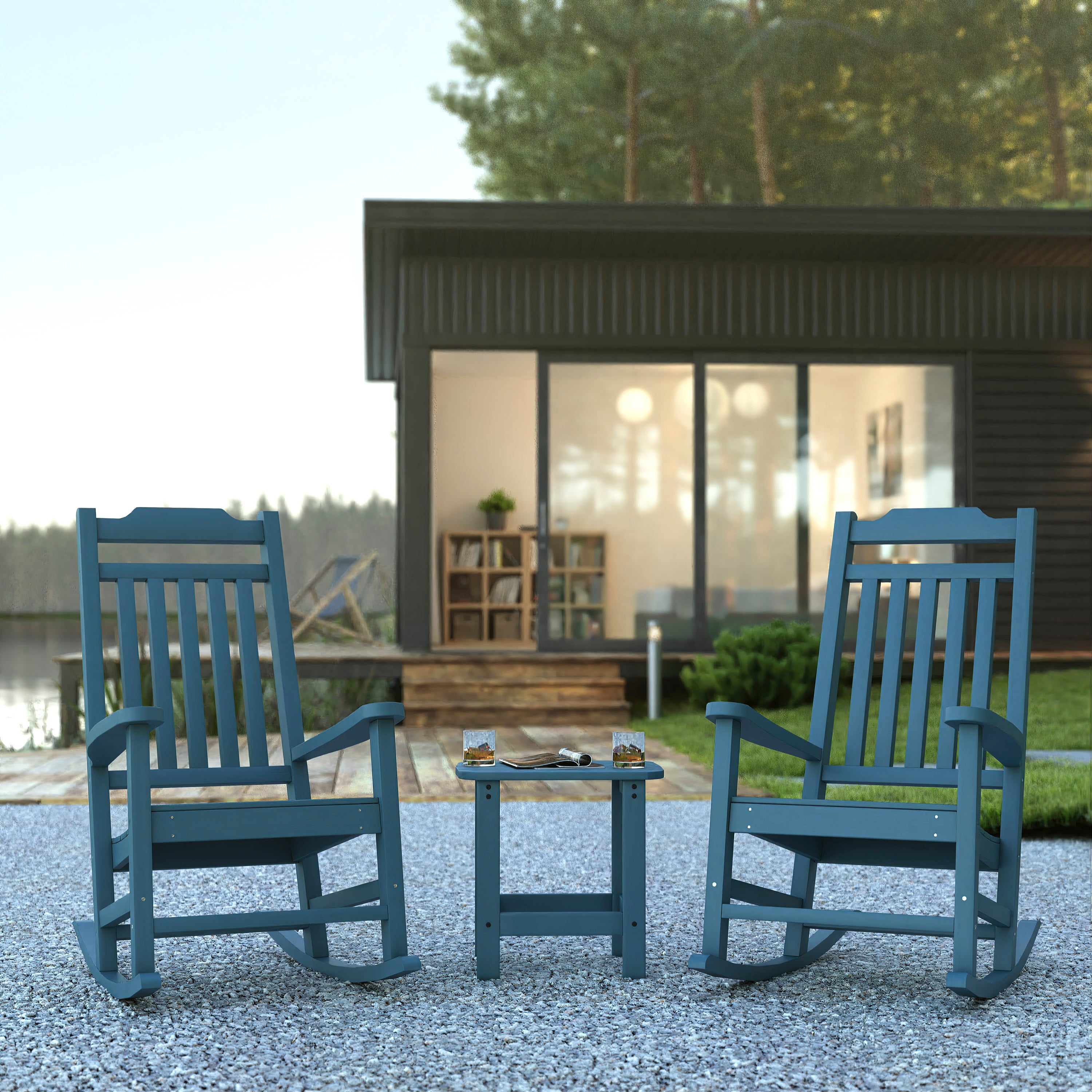 Set of 2 Winston All-Weather Poly Resin Rocking Chairs with Accent Side Table in Teal