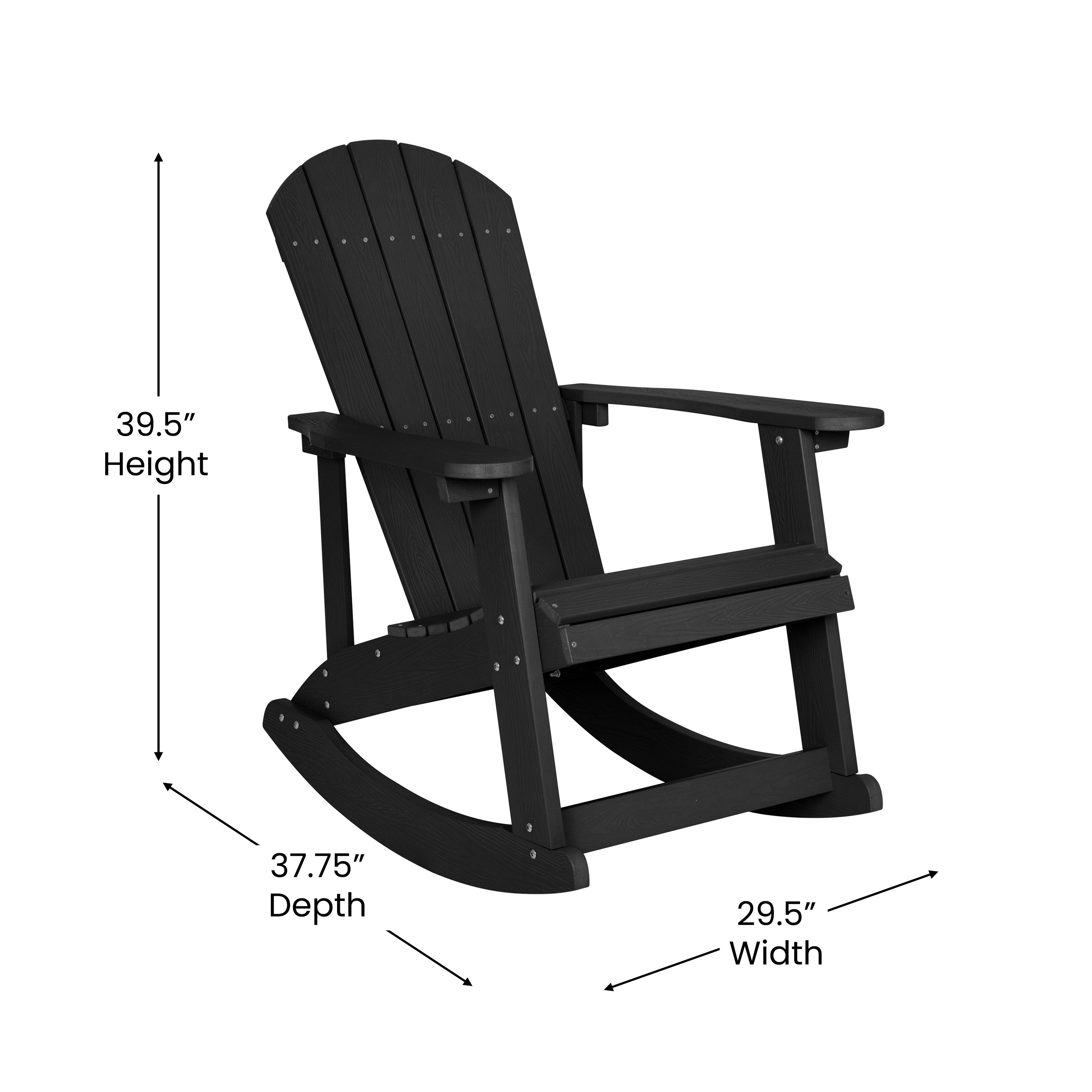 Set of 2 Savannah Commercial Grade All-Weather Poly Resin Wood Adirondack Rocking Chairs with Side Table in Black