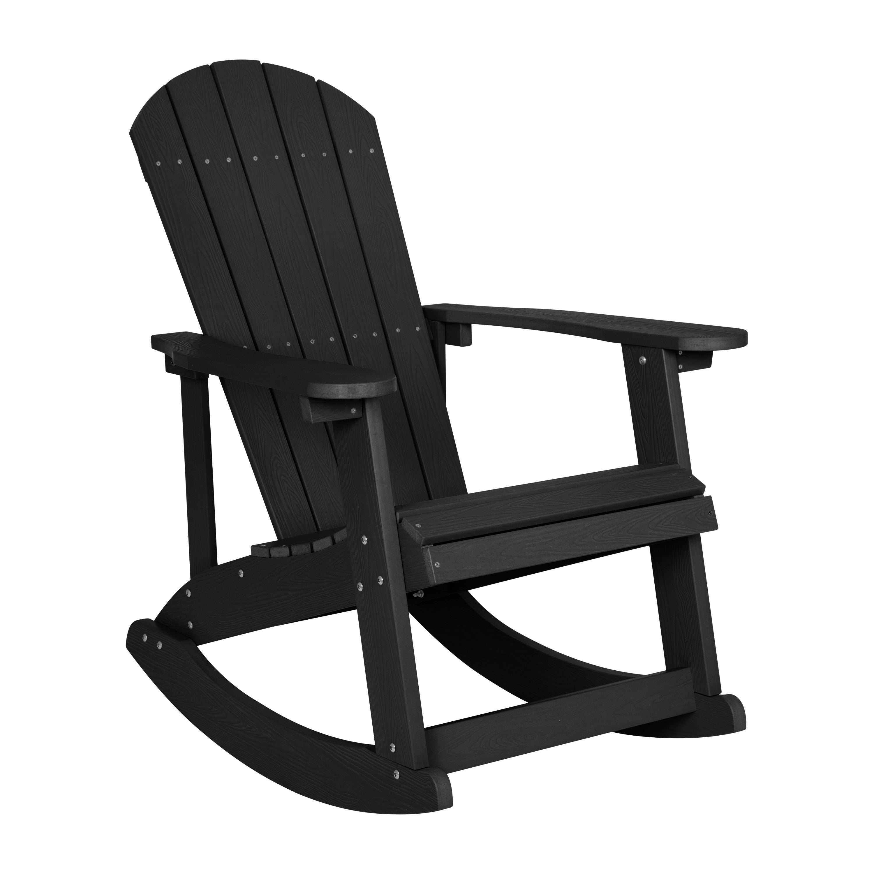 Set of 2 Savannah Commercial Grade All-Weather Poly Resin Wood Adirondack Rocking Chairs with Side Table in Black