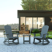 Set of 2 Savannah Commercial Grade All-Weather Poly Resin Wood Adirondack Rocking Chairs with Side Table in Gray