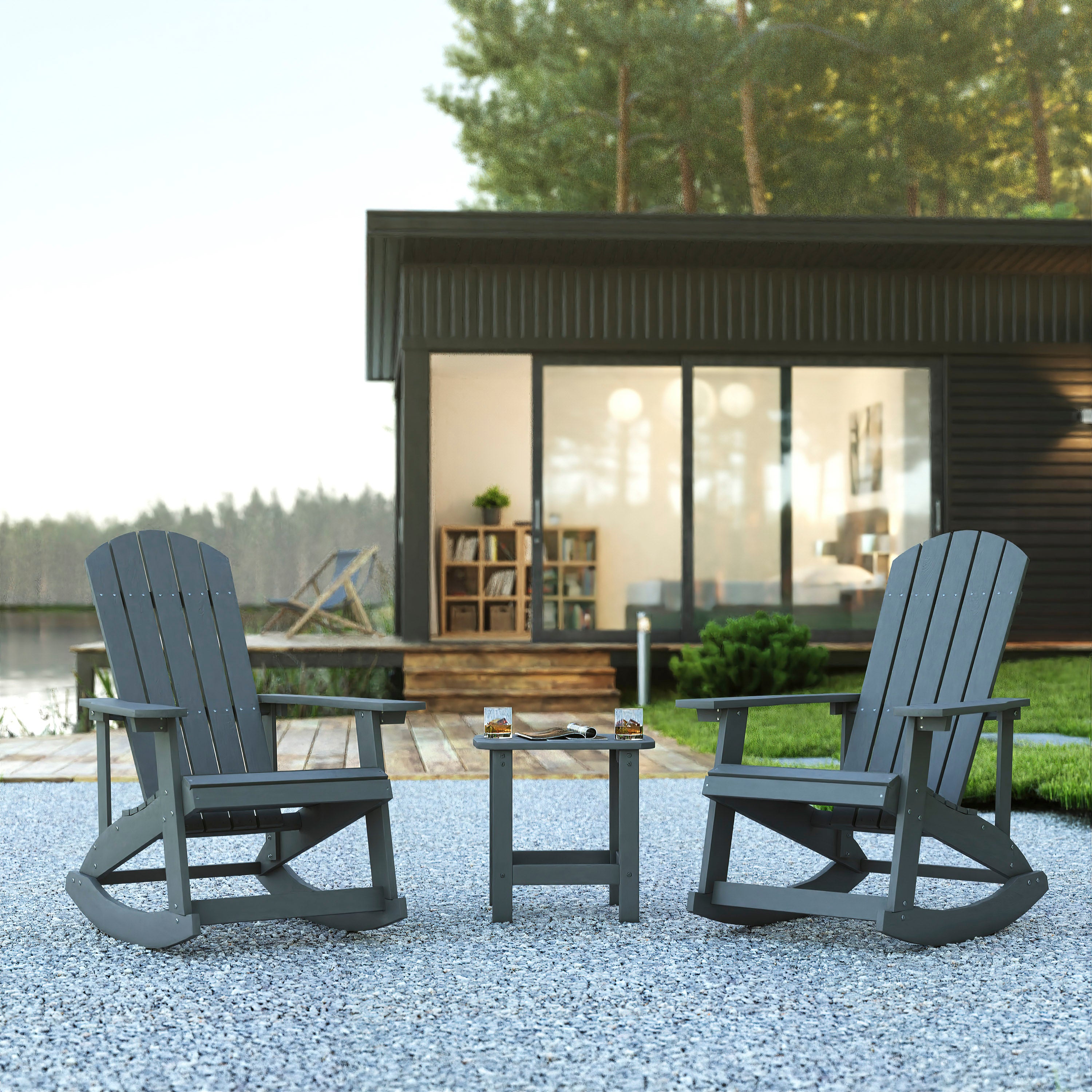 Set of 2 Savannah Commercial Grade All-Weather Poly Resin Wood Adirondack Rocking Chairs with Side Table in Gray