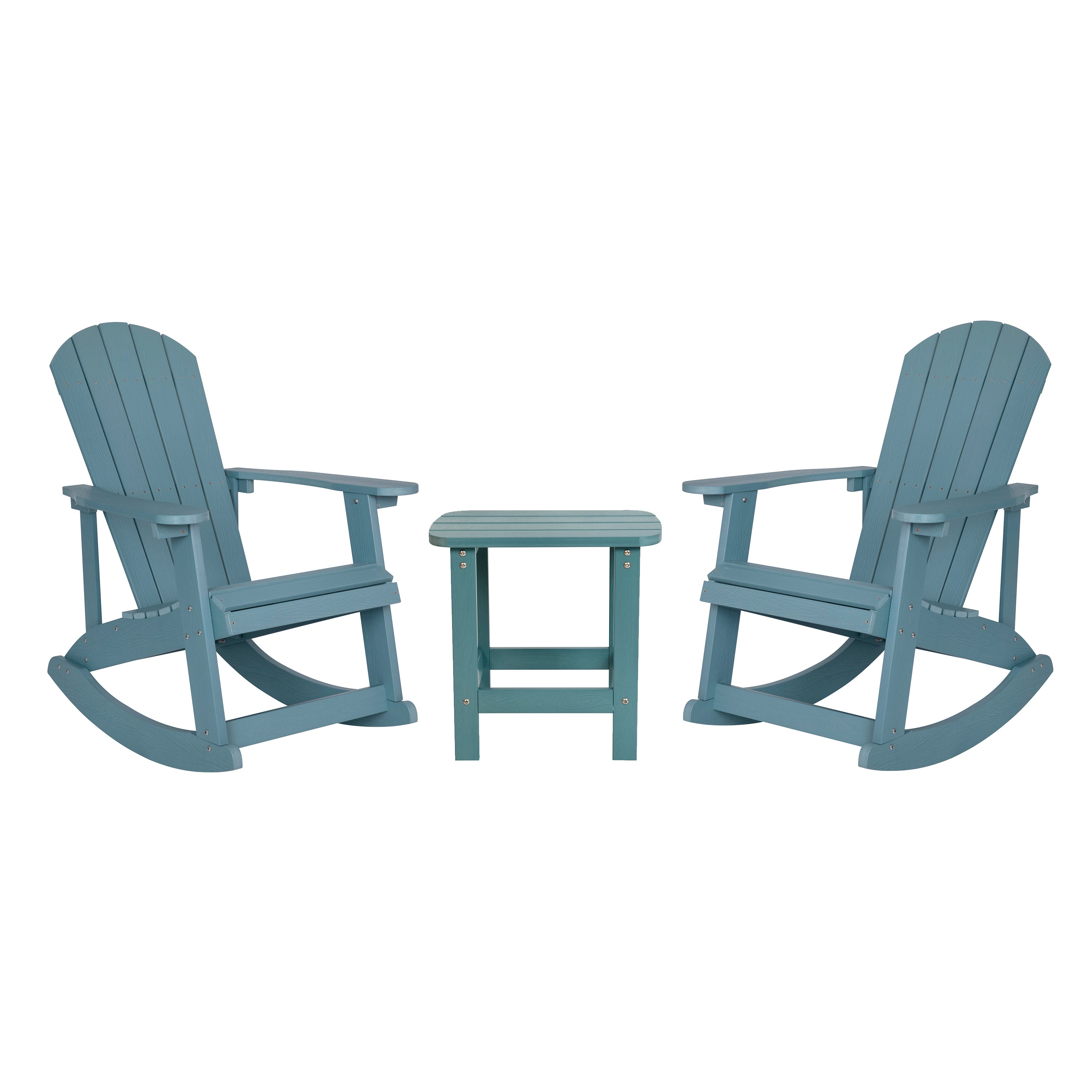 Set of 2 Savannah Commercial Grade All-Weather Poly Resin Wood Adirondack Rocking Chairs with Side Table in Sea Foam