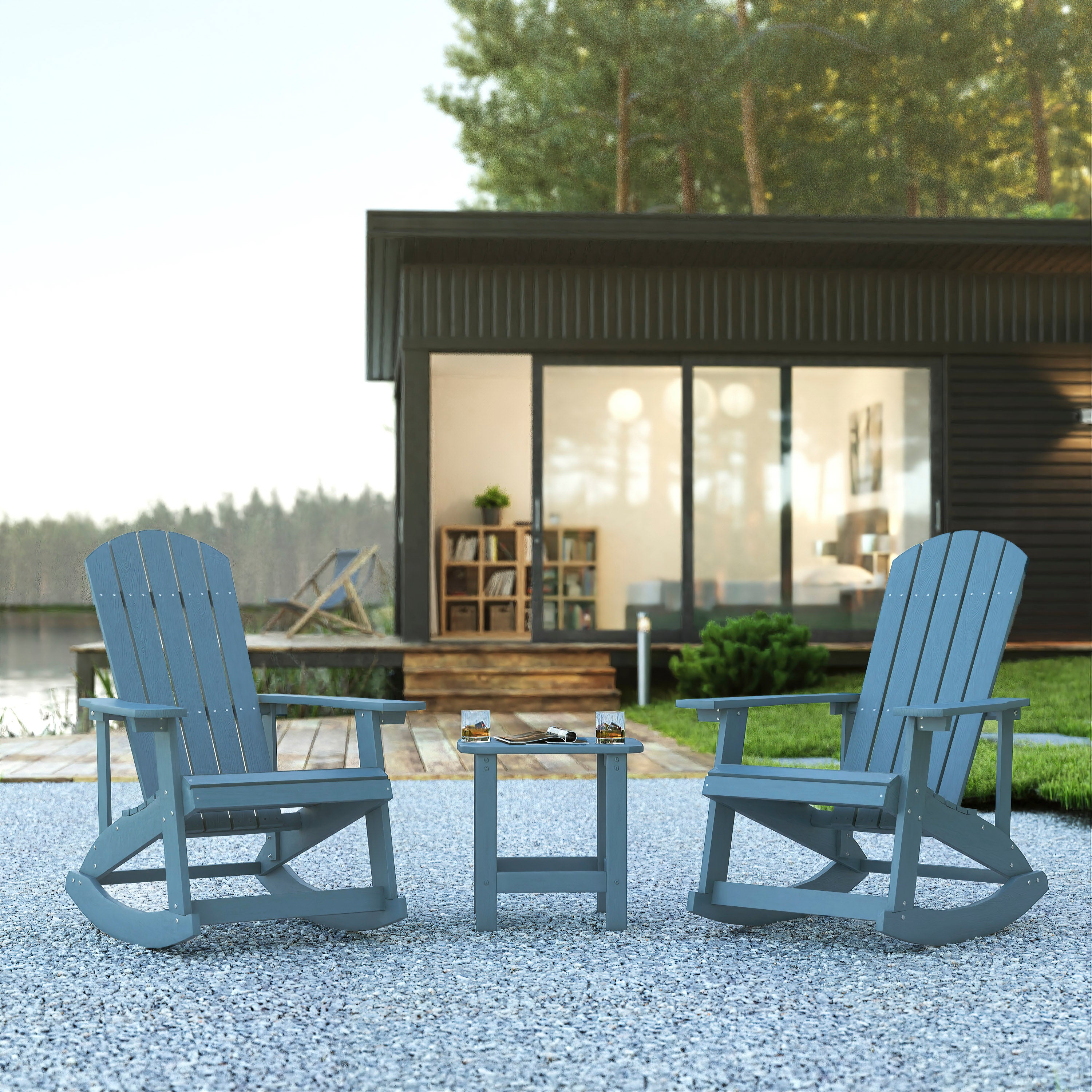 Set of 2 Savannah Commercial Grade All-Weather Poly Resin Wood Adirondack Rocking Chairs with Side Table in Sea Foam