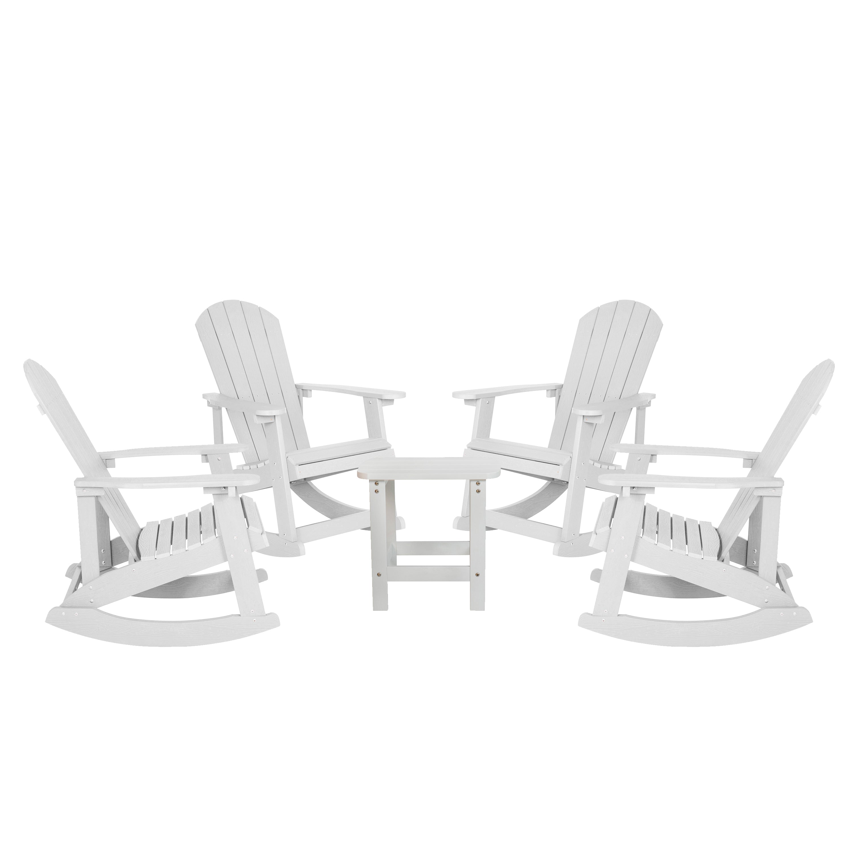 Set of 4 Savannah Commercial Grade All-Weather Poly Resin Wood Adirondack Rocking Chairs with Side Table in White