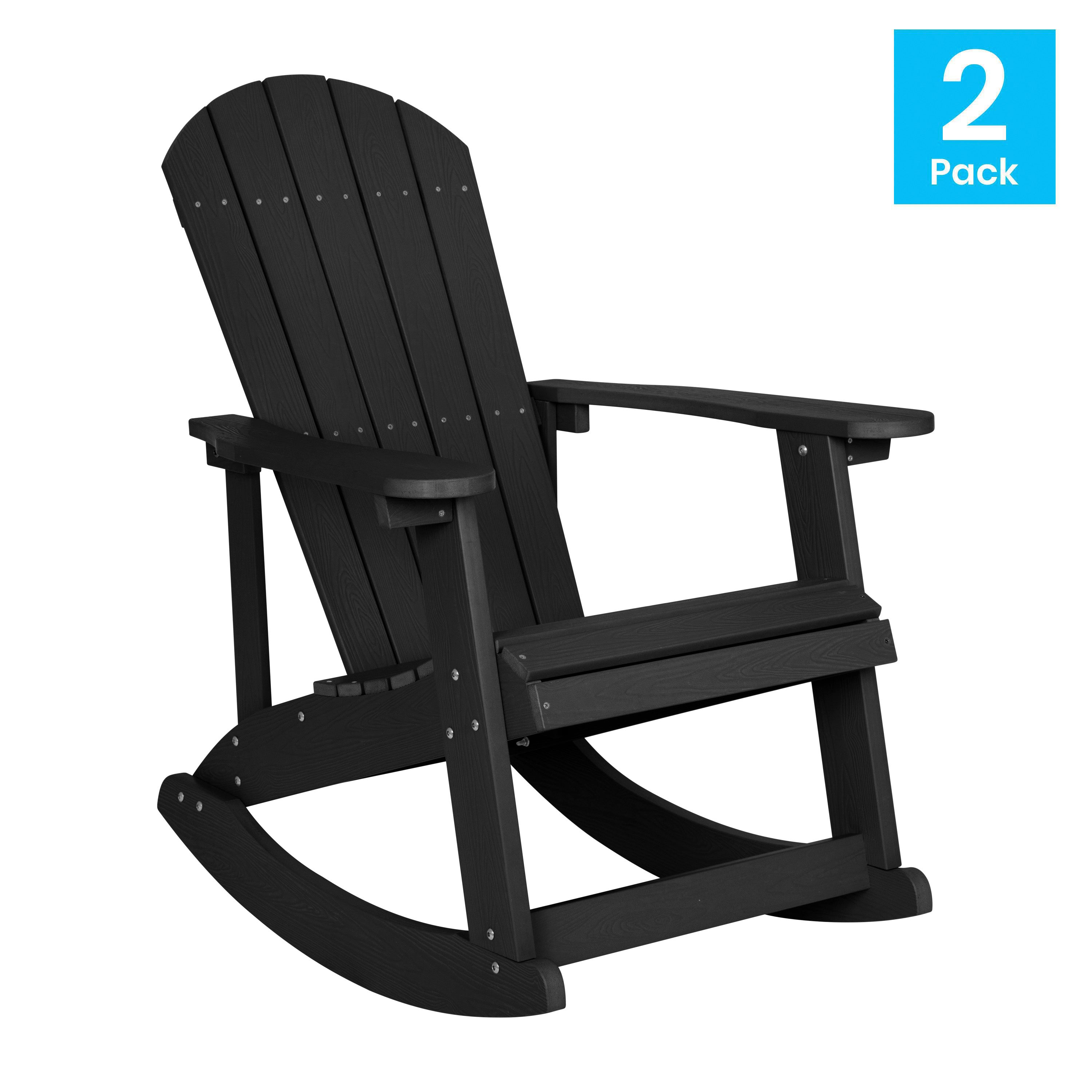 Savannah Commercial Grade All-Weather Poly Resin Wood Adirondack Rocking Chair with Rust Resistant Stainless Steel Hardware in Black - Set of 2