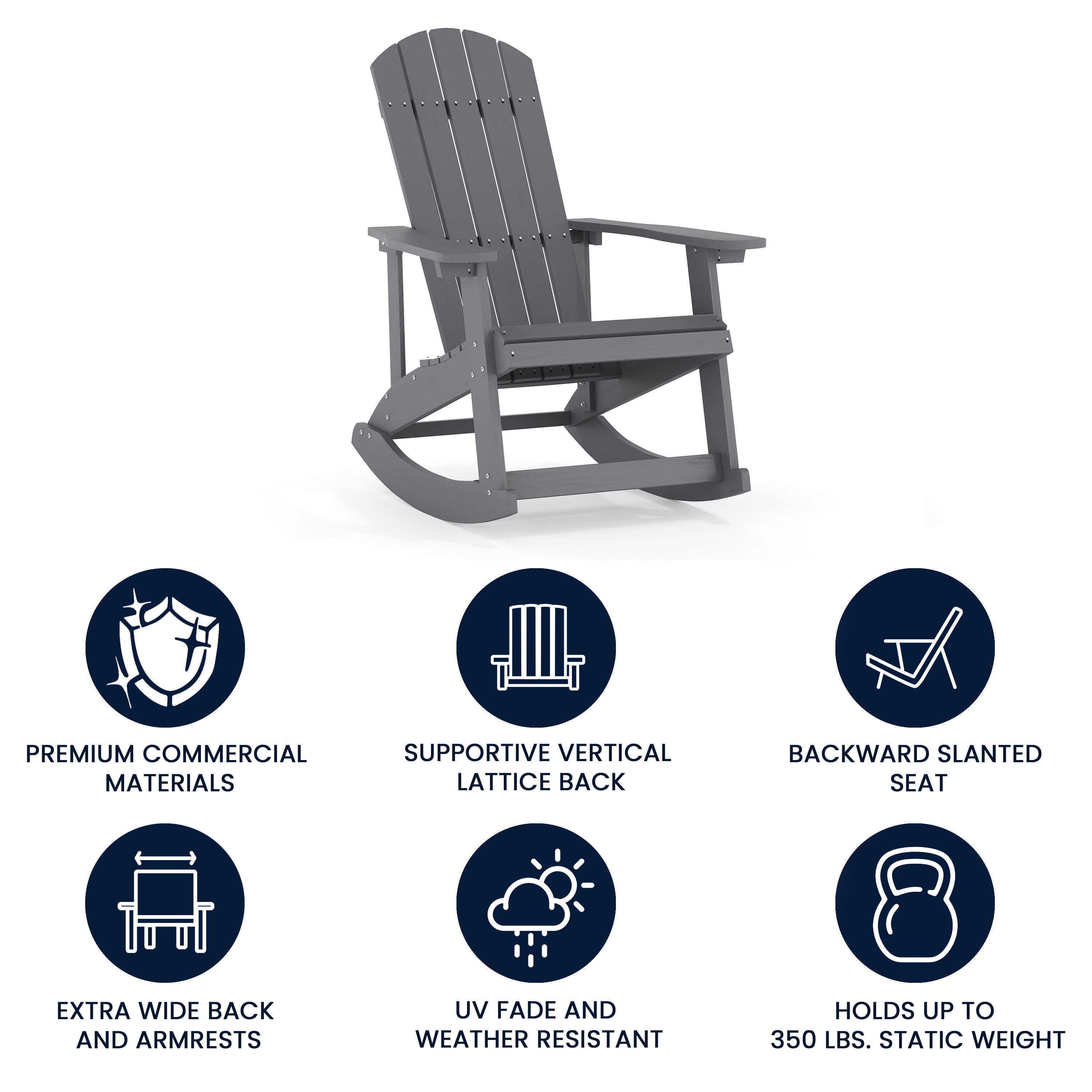 Savannah Commercial Grade All-Weather Poly Resin Wood Adirondack Rocking Chair with Rust Resistant Stainless Steel Hardware in Gray