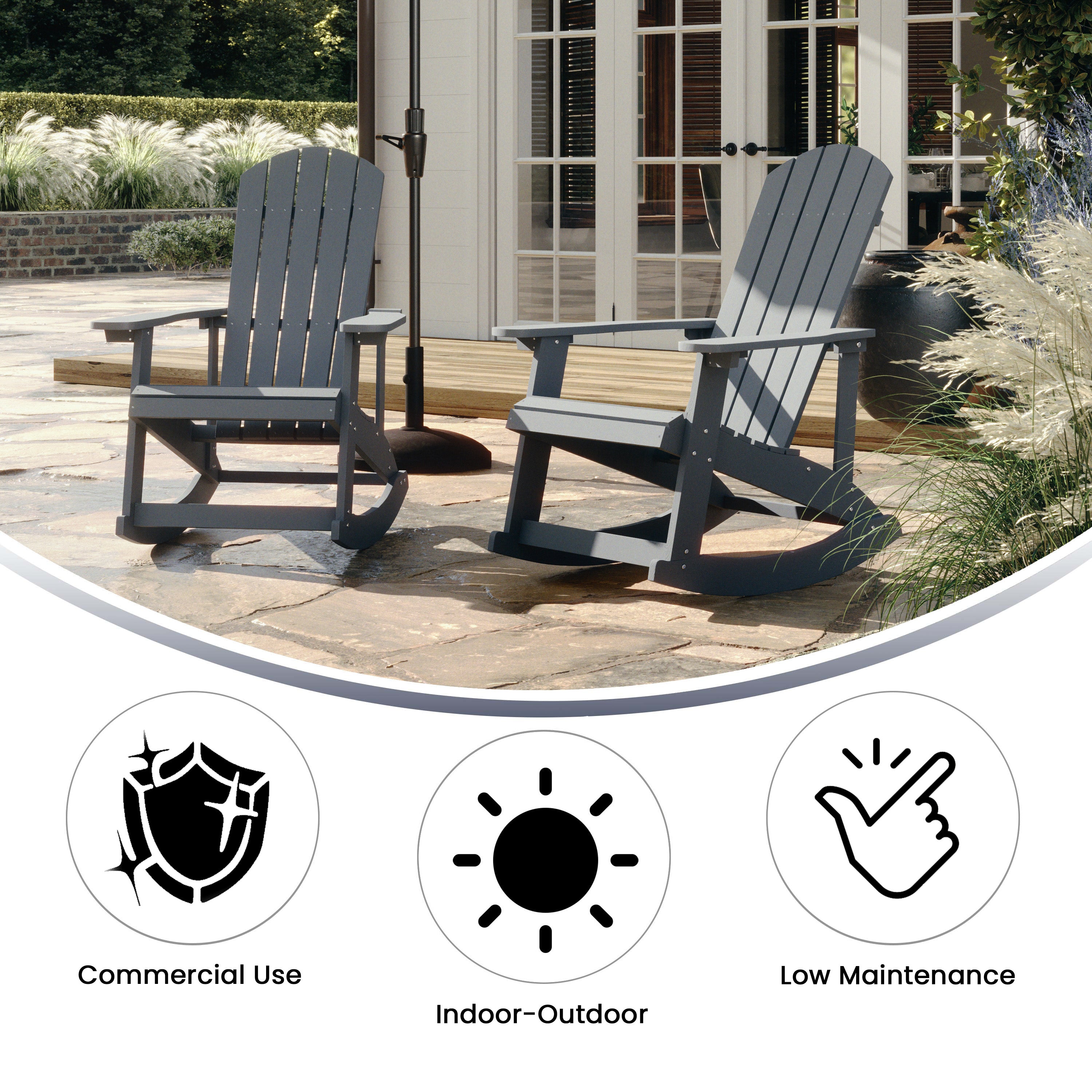 Savannah Commercial Grade All-Weather Poly Resin Wood Adirondack Rocking Chair with Rust Resistant Stainless Steel Hardware in Gray - Set of 2