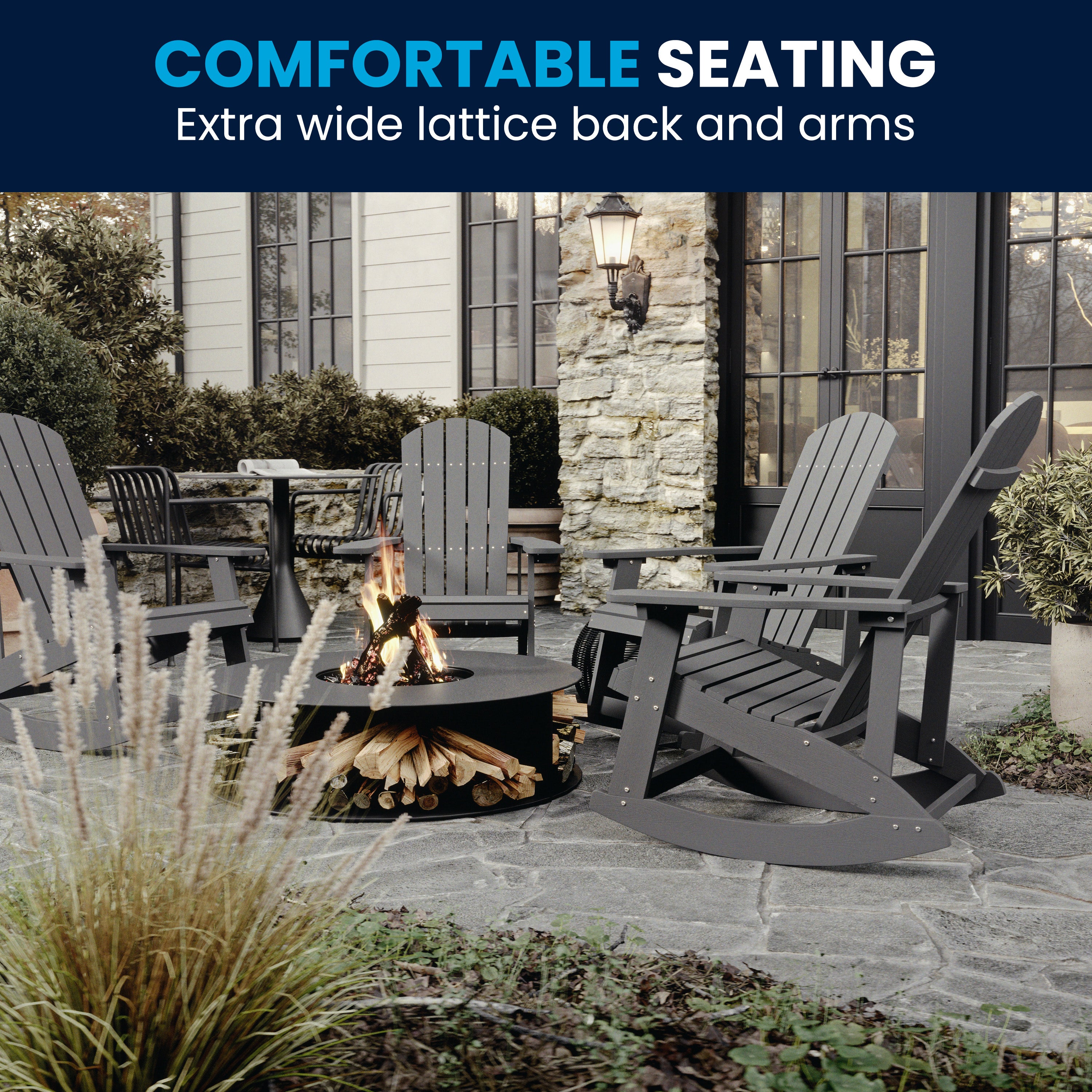 Savannah Commercial Grade All-Weather Poly Resin Wood Adirondack Rocking Chair with Rust Resistant Stainless Steel Hardware in Gray