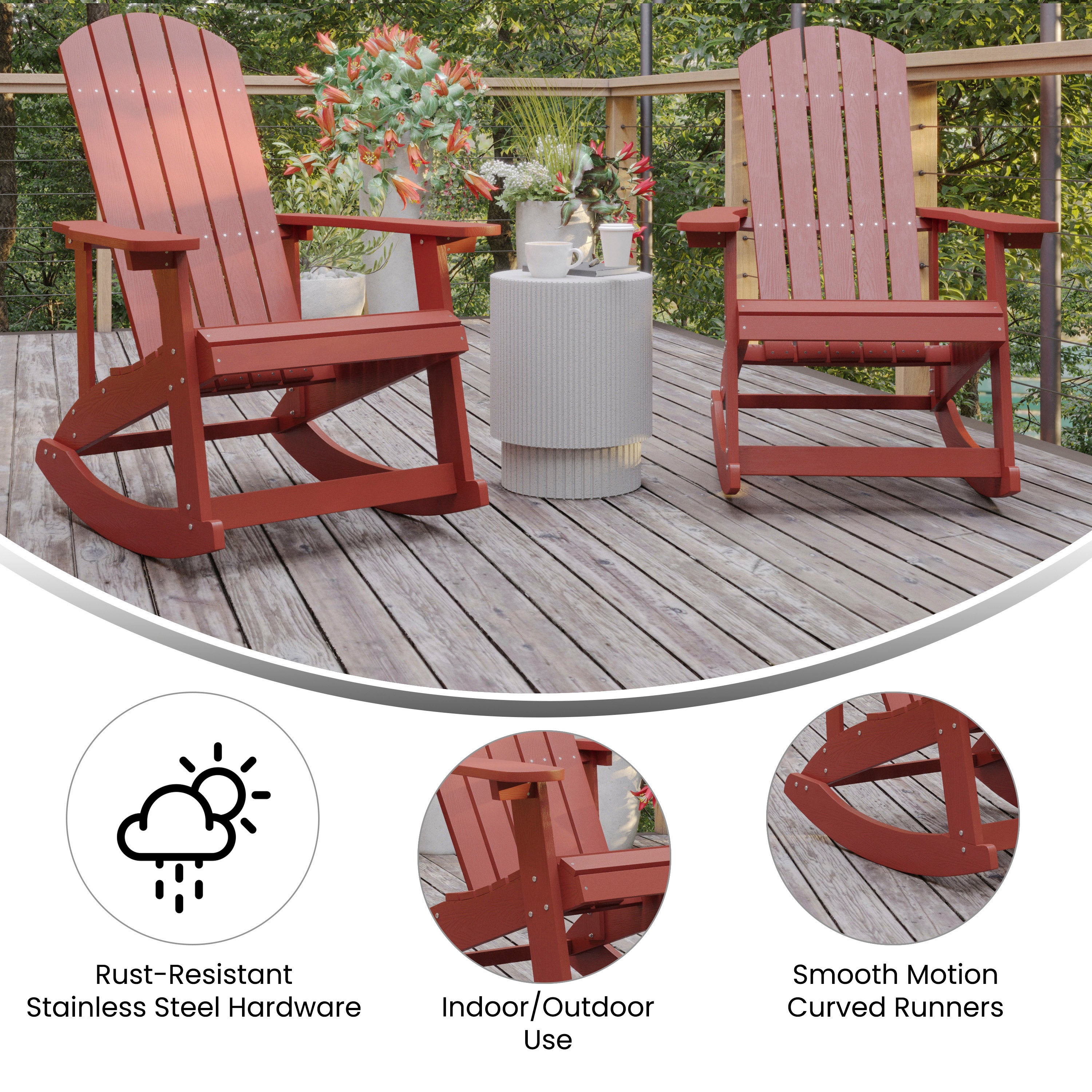 Savannah Poly Resin Wood Adirondack Rocking Chair - All Weather Red Polystyrene - Stainless Steel Hardware - Set of 2