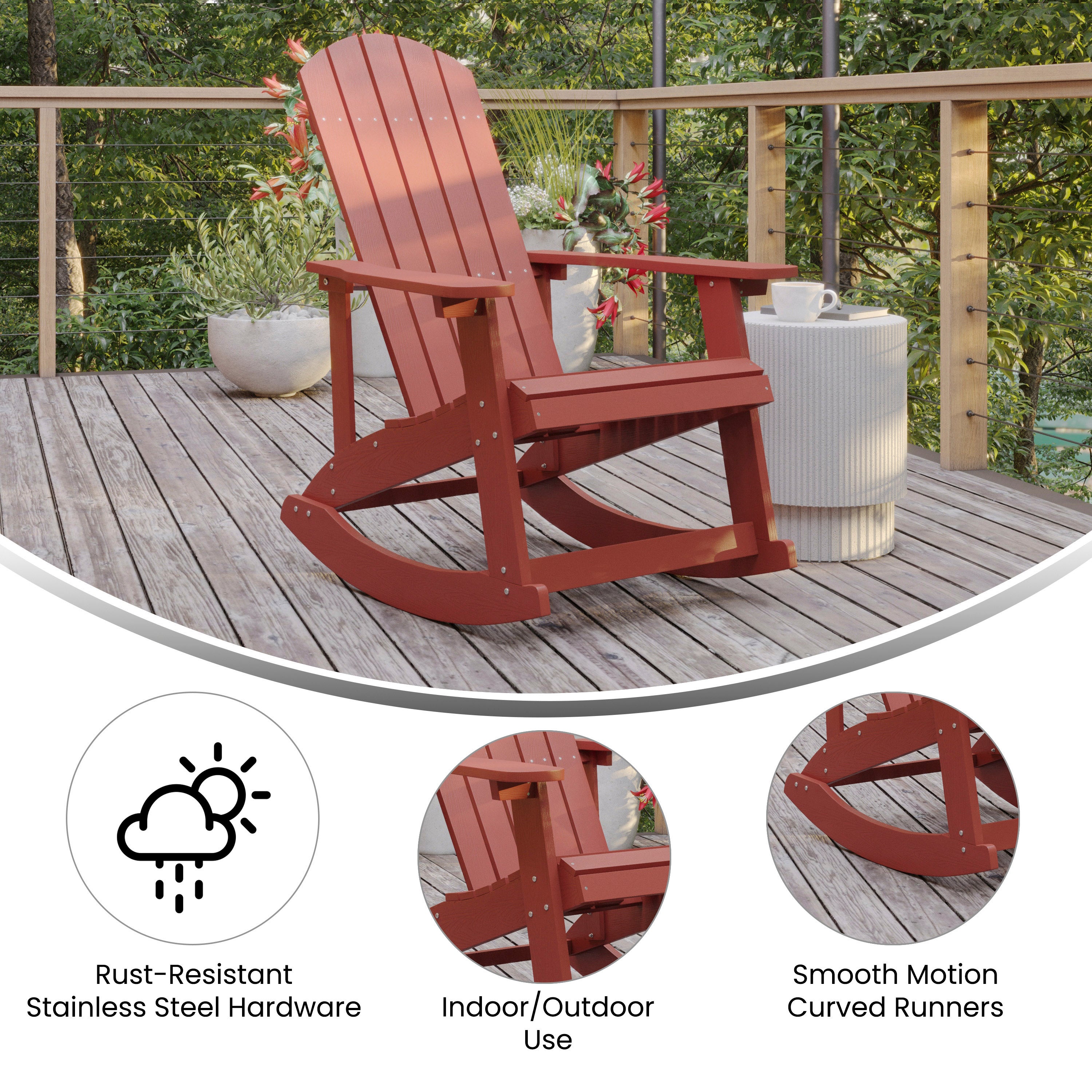 Savannah Poly Resin Wood Adirondack Rocking Chair - All Weather Red Polystyrene - Stainless Steel Hardware