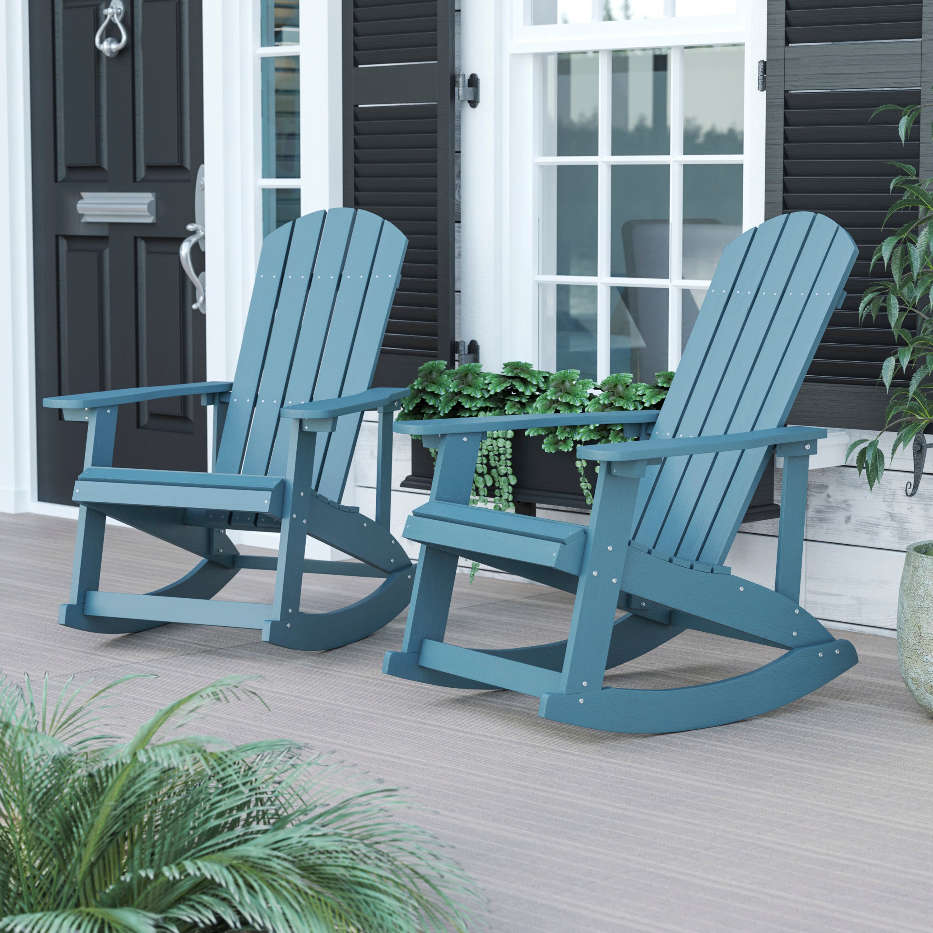 Savannah Commercial Grade All-Weather Poly Resin Wood Adirondack Rocking Chair with Rust Resistant Stainless Steel Hardware in Sea Foam - Set of 2