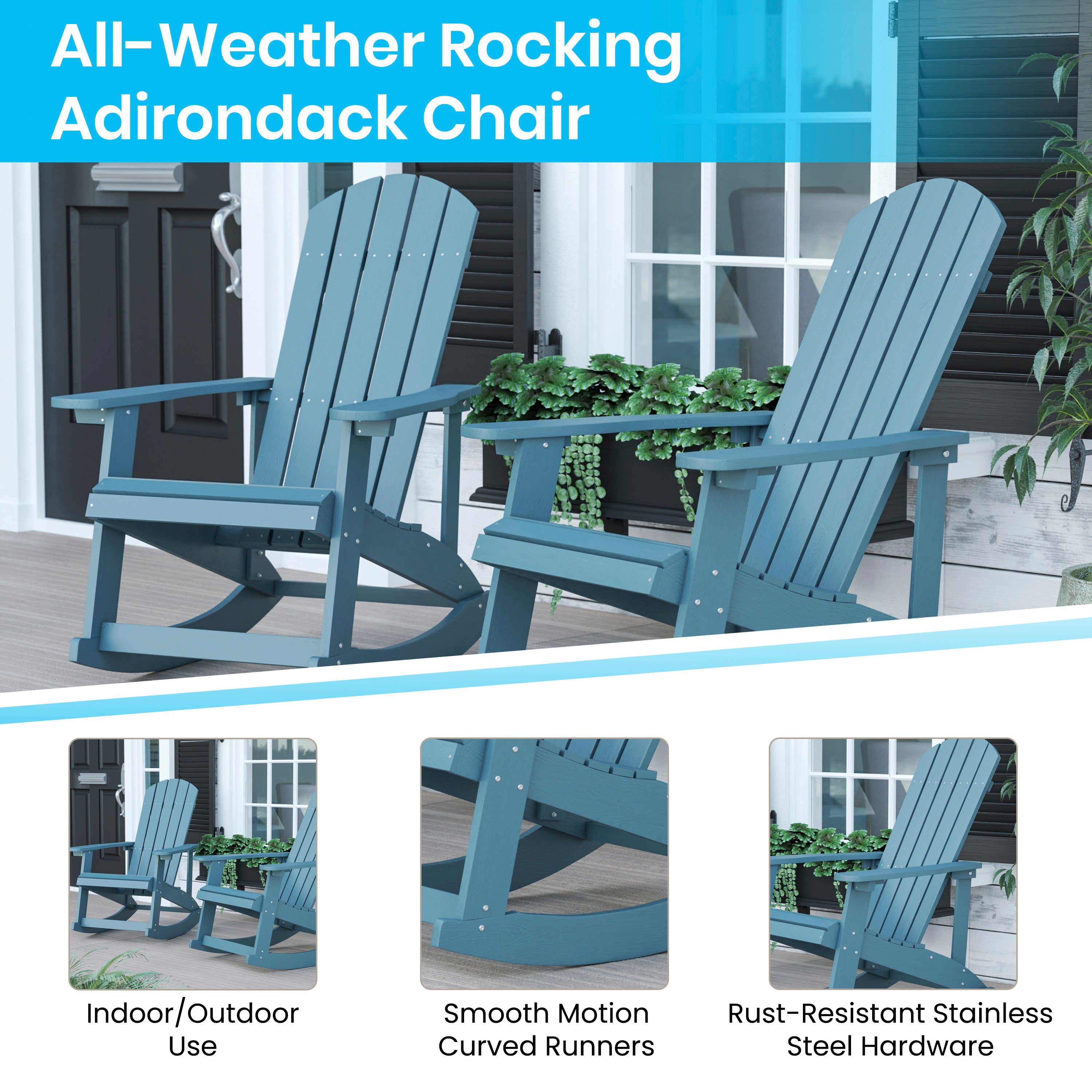 Savannah Commercial Grade All-Weather Poly Resin Wood Adirondack Rocking Chair with Rust Resistant Stainless Steel Hardware in Sea Foam - Set of 2