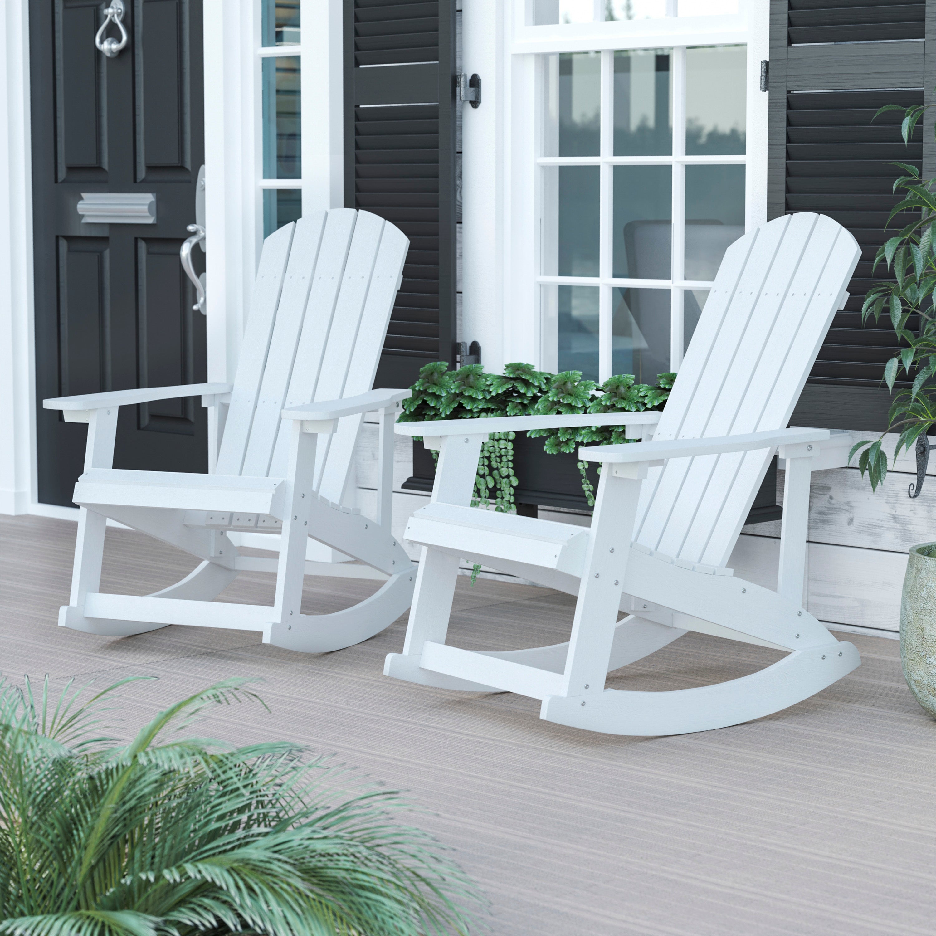 Savannah Commercial Grade All-Weather Poly Resin Wood Adirondack Rocking Chair with Rust Resistant Stainless Steel Hardware in White - Set of 2