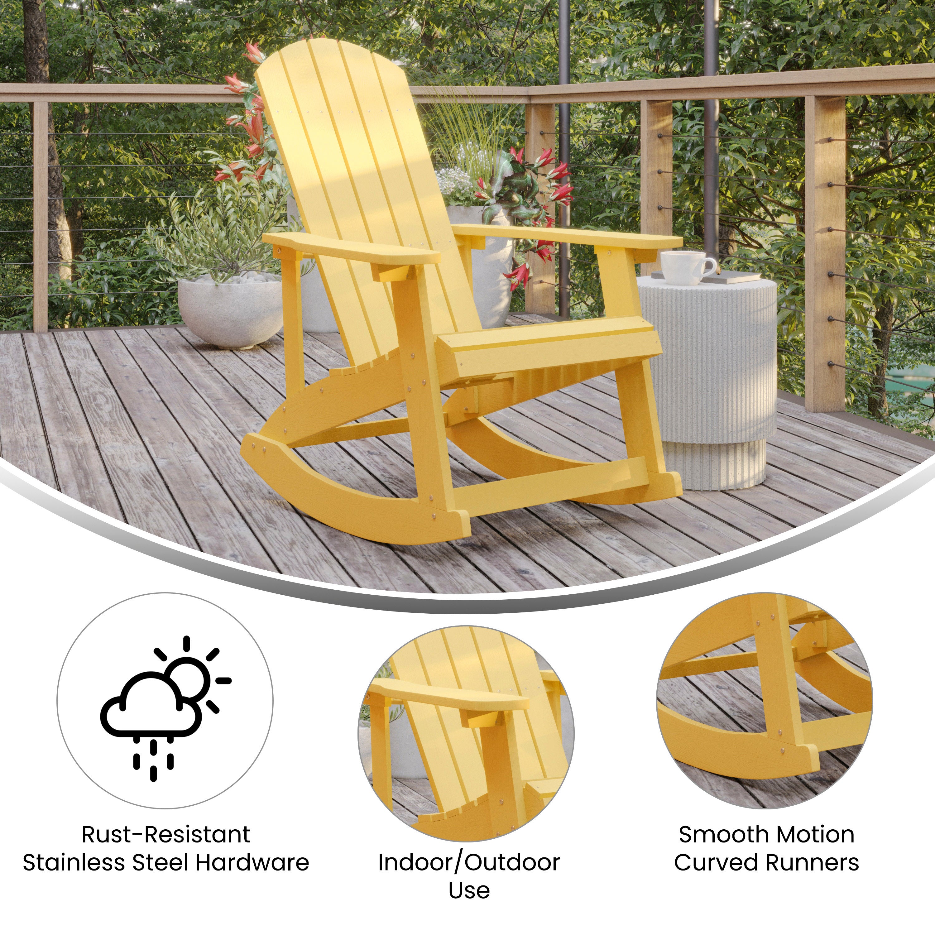 Savannah Poly Resin Wood Adirondack Rocking Chair - All Weather Yellow Polystyrene - Stainless Steel Hardware