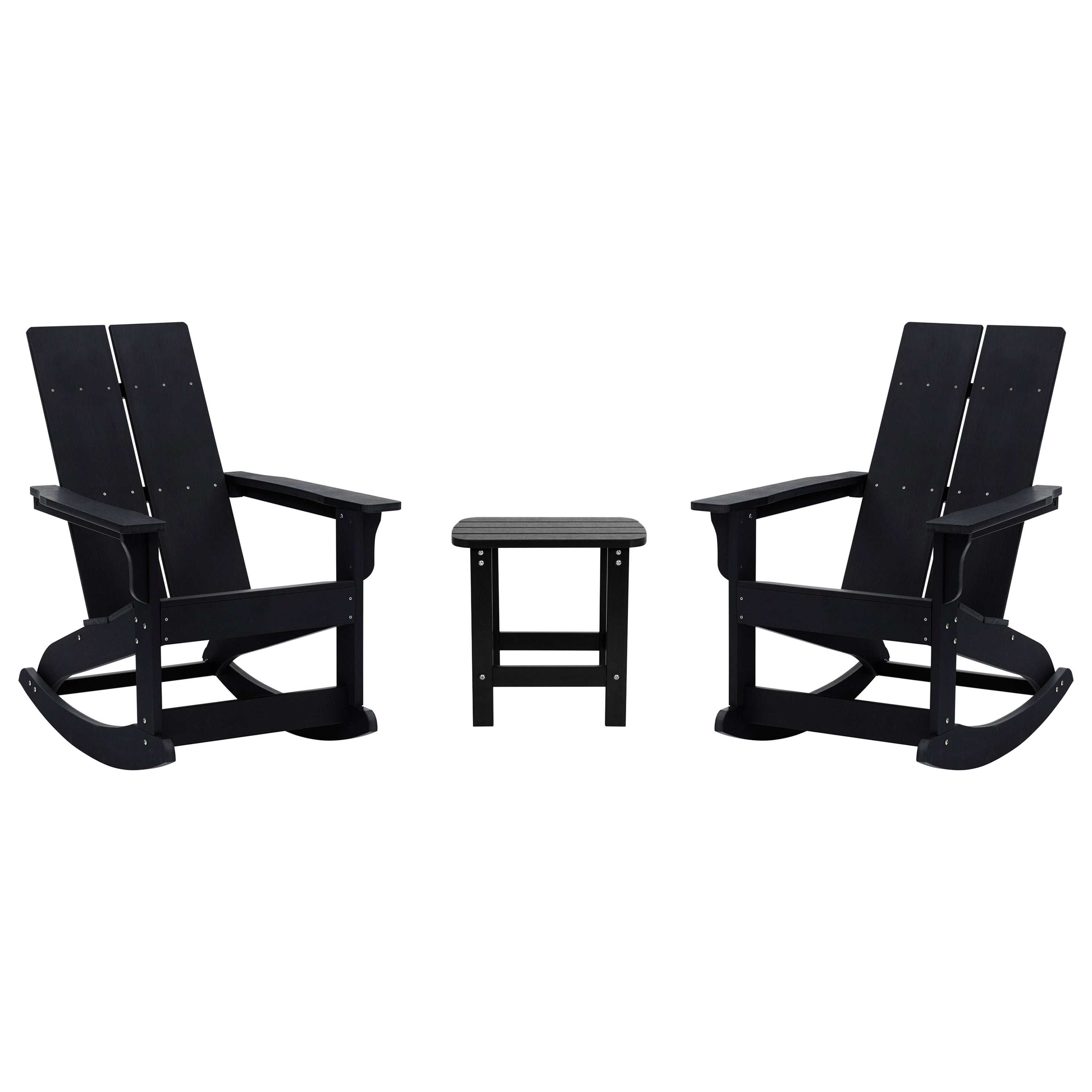 Set of 2 Black Finn Modern Commercial Grade All-Weather 2-Slat Poly Resin Rocking Adirondack Chairs with Matching Side Table