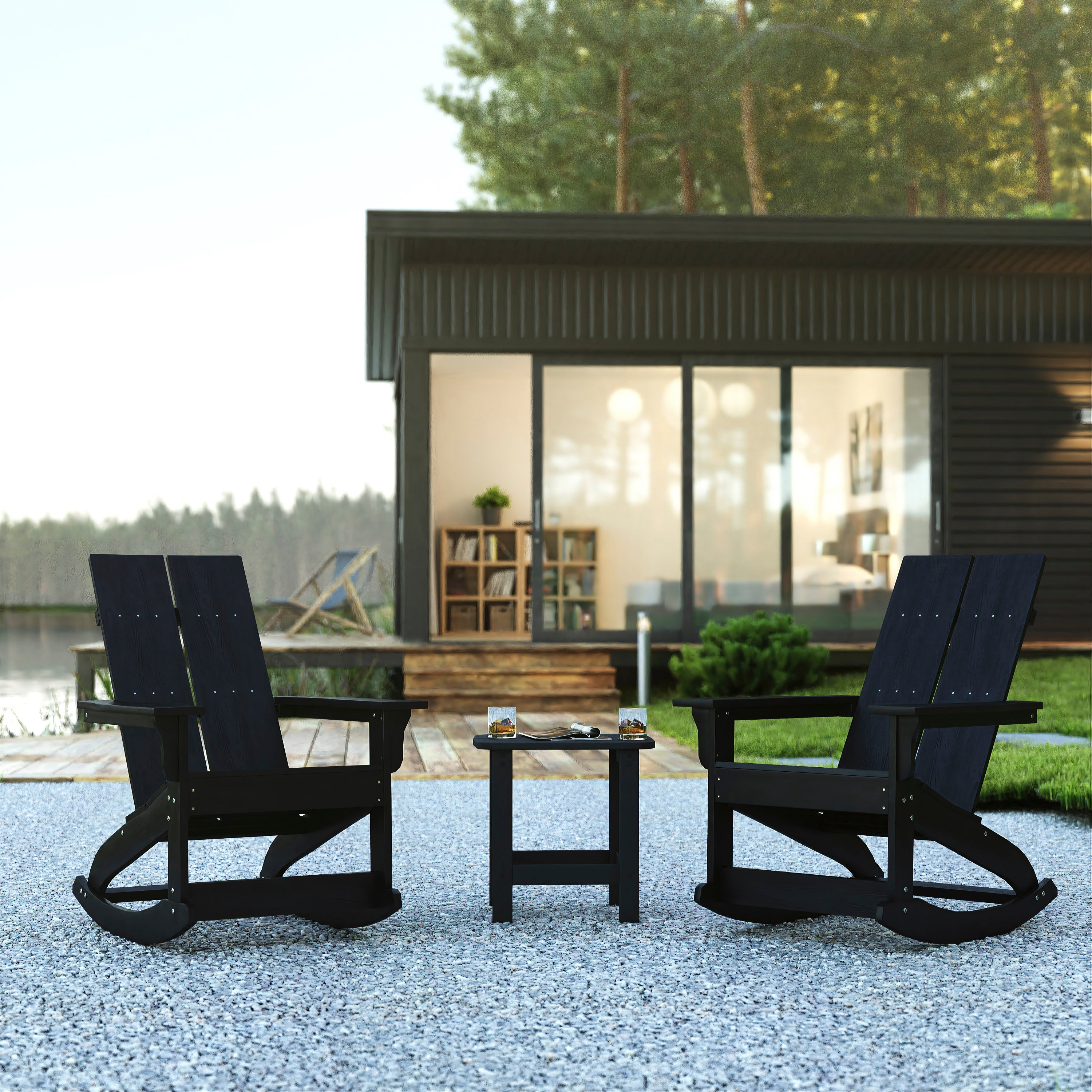 Set of 2 Black Finn Modern Commercial Grade All-Weather 2-Slat Poly Resin Rocking Adirondack Chairs with Matching Side Table
