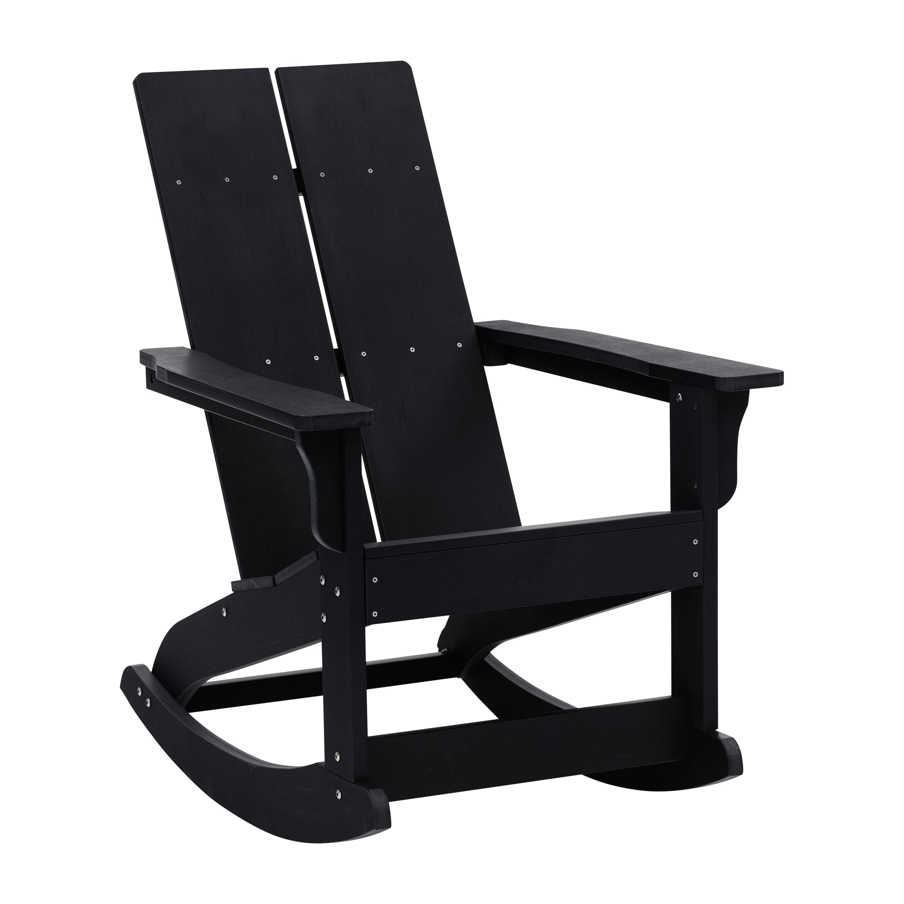 Set of 2 Black Finn Modern Commercial Grade All-Weather 2-Slat Poly Resin Rocking Adirondack Chairs with Matching Side Table