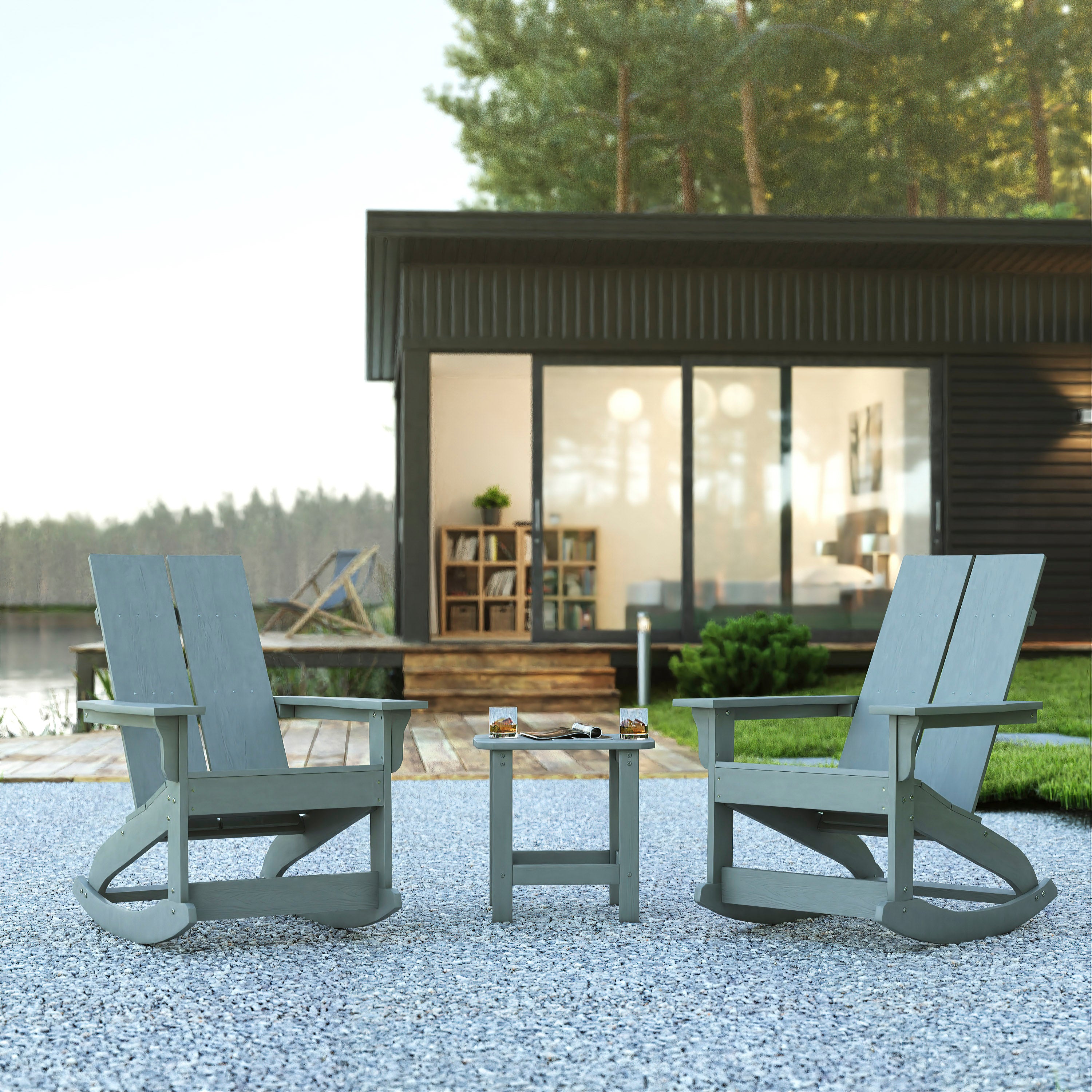 Set of 2 Gray Finn Modern Commercial Grade All-Weather 2-Slat Poly Resin Rocking Adirondack Chairs with Matching Side Table