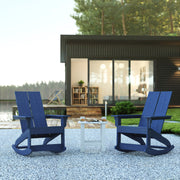 Set of 2 Navy Finn Modern Commercial Grade All-Weather 2-Slat Poly Resin Rocking Adirondack Chairs with Complementary White Side Table