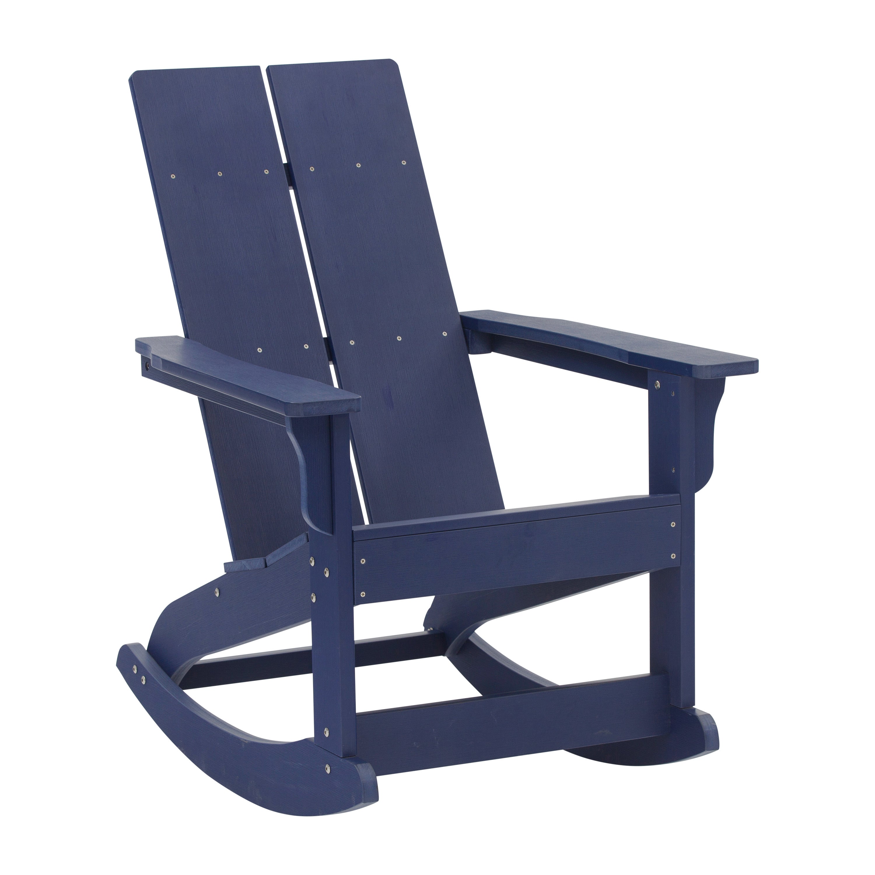 Set of 2 Navy Finn Modern Commercial Grade All-Weather 2-Slat Poly Resin Rocking Adirondack Chairs with Complementary White Side Table