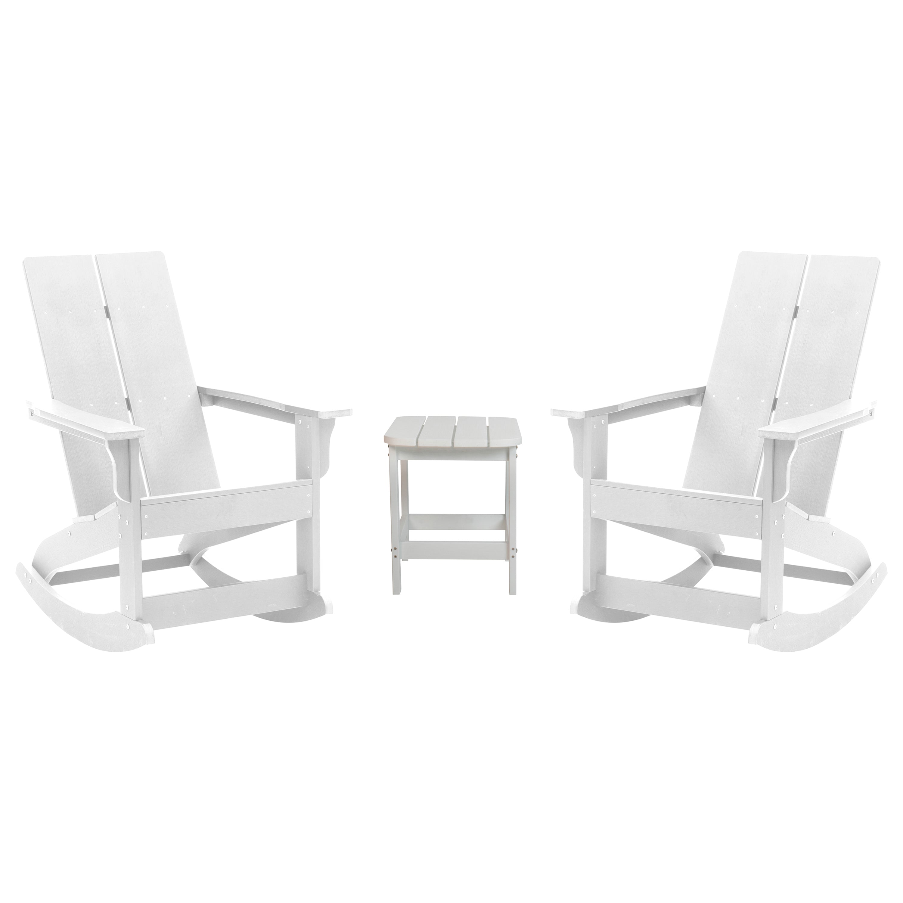 Set of 2 White Finn Modern Commercial Grade All-Weather 2-Slat Poly Resin Rocking Adirondack Chairs with Matching Side Table