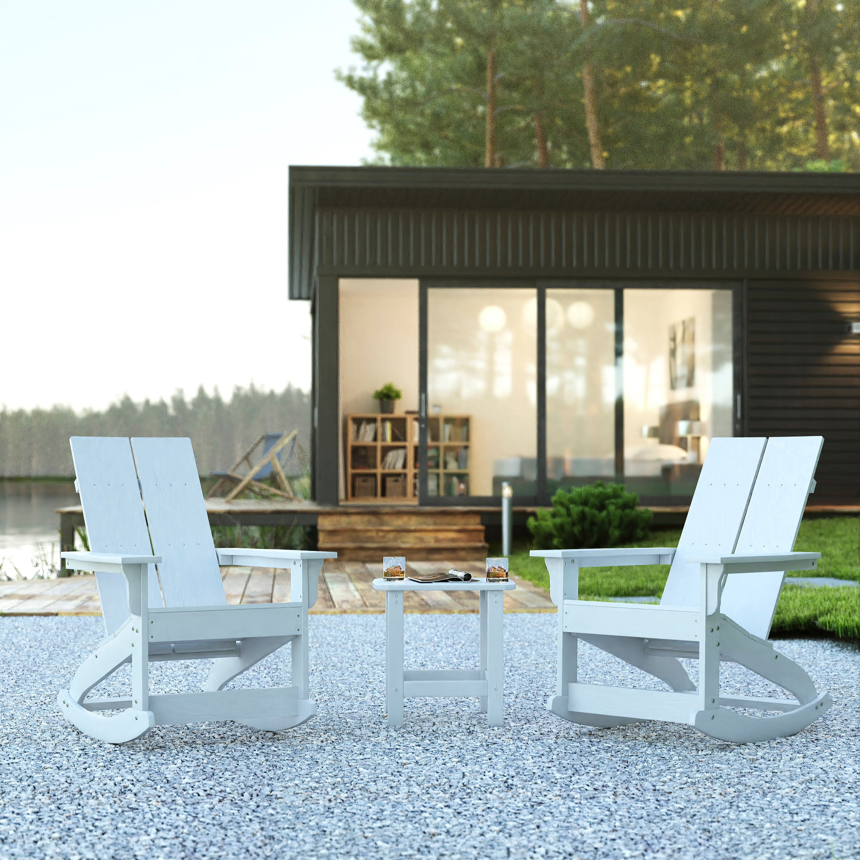 Set of 2 White Finn Modern Commercial Grade All-Weather 2-Slat Poly Resin Rocking Adirondack Chairs with Matching Side Table