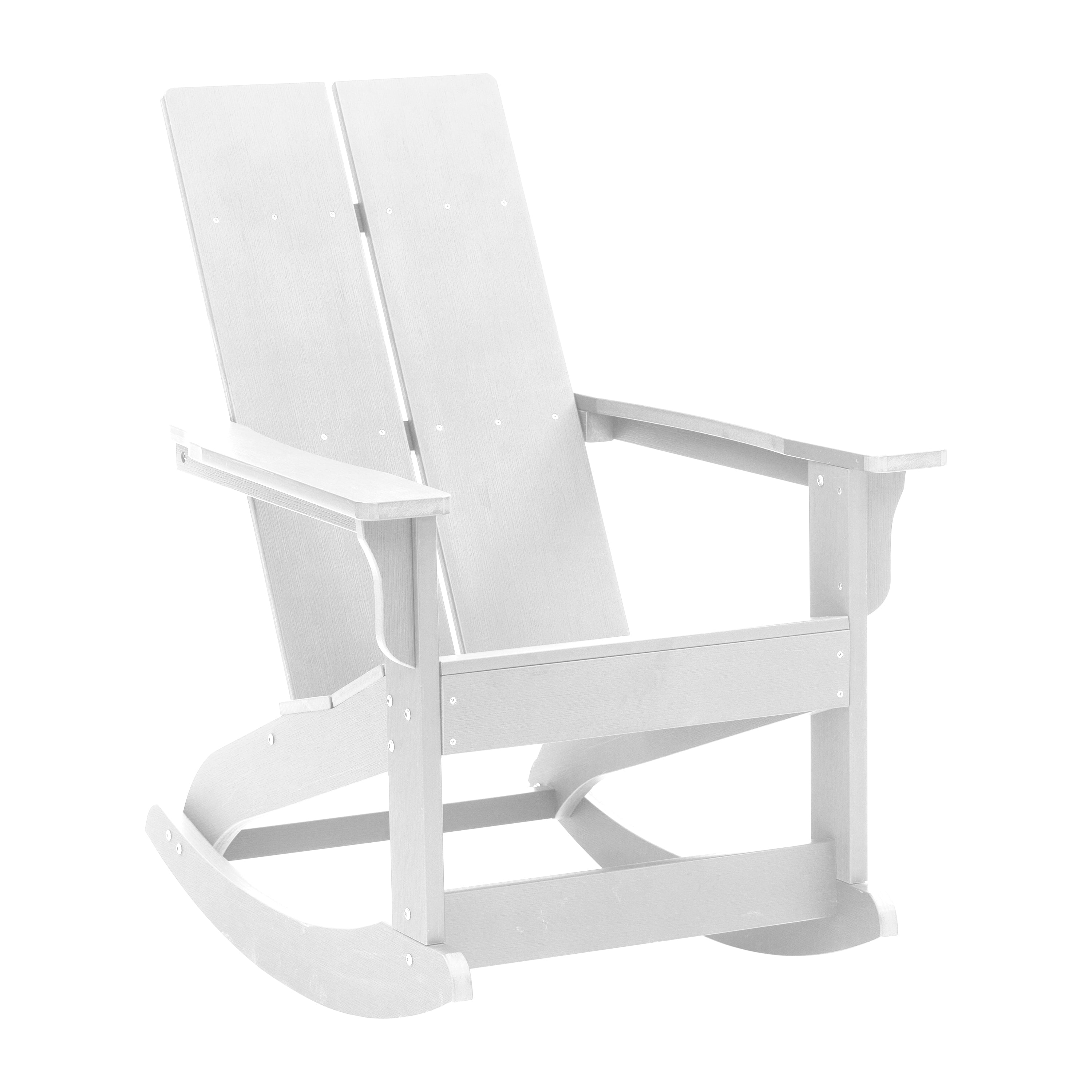 Set of 2 White Finn Modern Commercial Grade All-Weather 2-Slat Poly Resin Rocking Adirondack Chairs with Matching Side Table