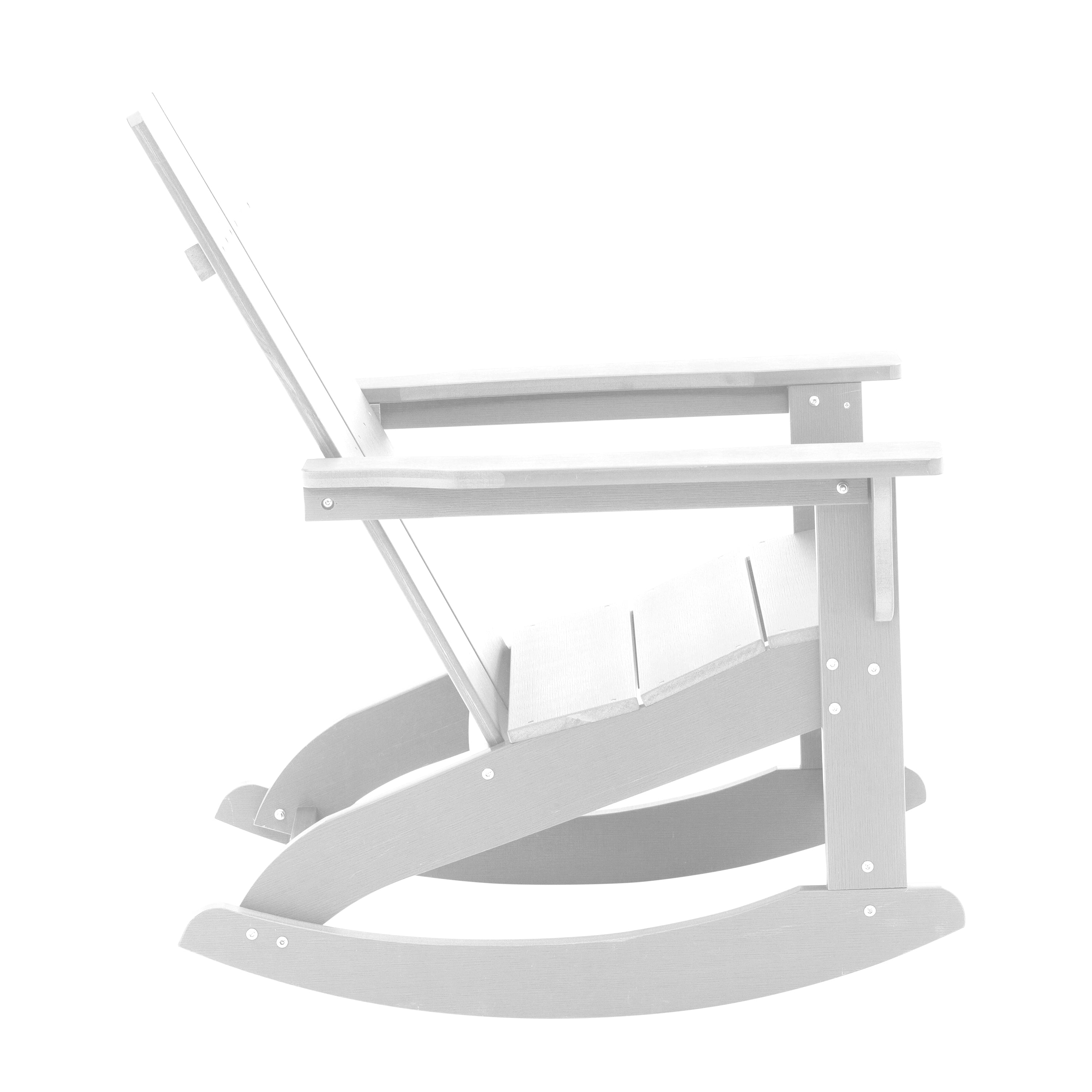 Set of 2 White Finn Modern Commercial Grade All-Weather 2-Slat Poly Resin Rocking Adirondack Chairs with Matching Side Table