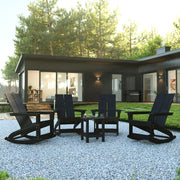 Set of 4 Black Finn Modern Commercial Grade All-Weather 2-Slat Poly Resin Rocking Adirondack Chairs with Matching Side Table
