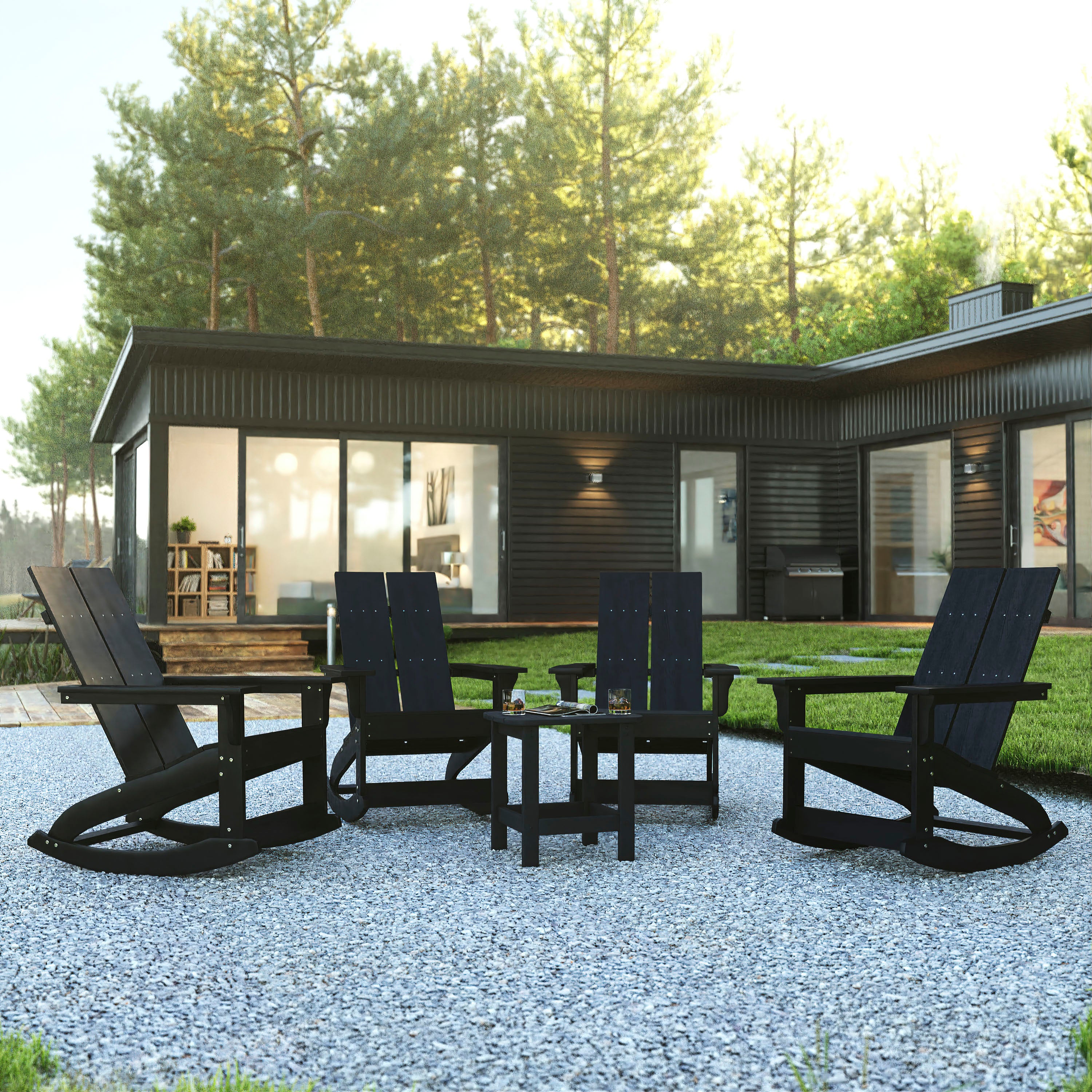 Set of 4 Black Finn Modern Commercial Grade All-Weather 2-Slat Poly Resin Rocking Adirondack Chairs with Matching Side Table