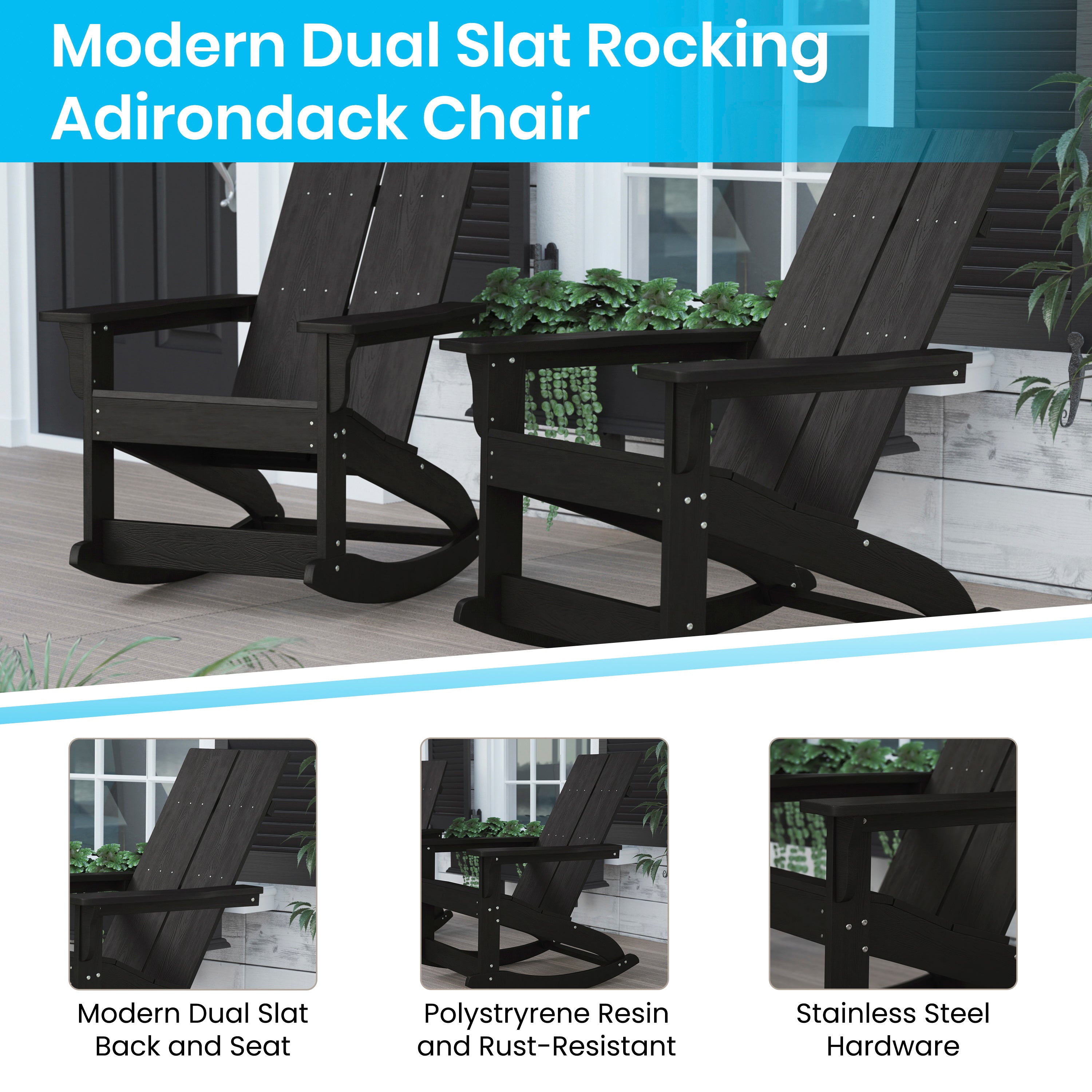 Set of 4 Black Finn Modern Commercial Grade All-Weather 2-Slat Poly Resin Rocking Adirondack Chairs with Matching Side Table