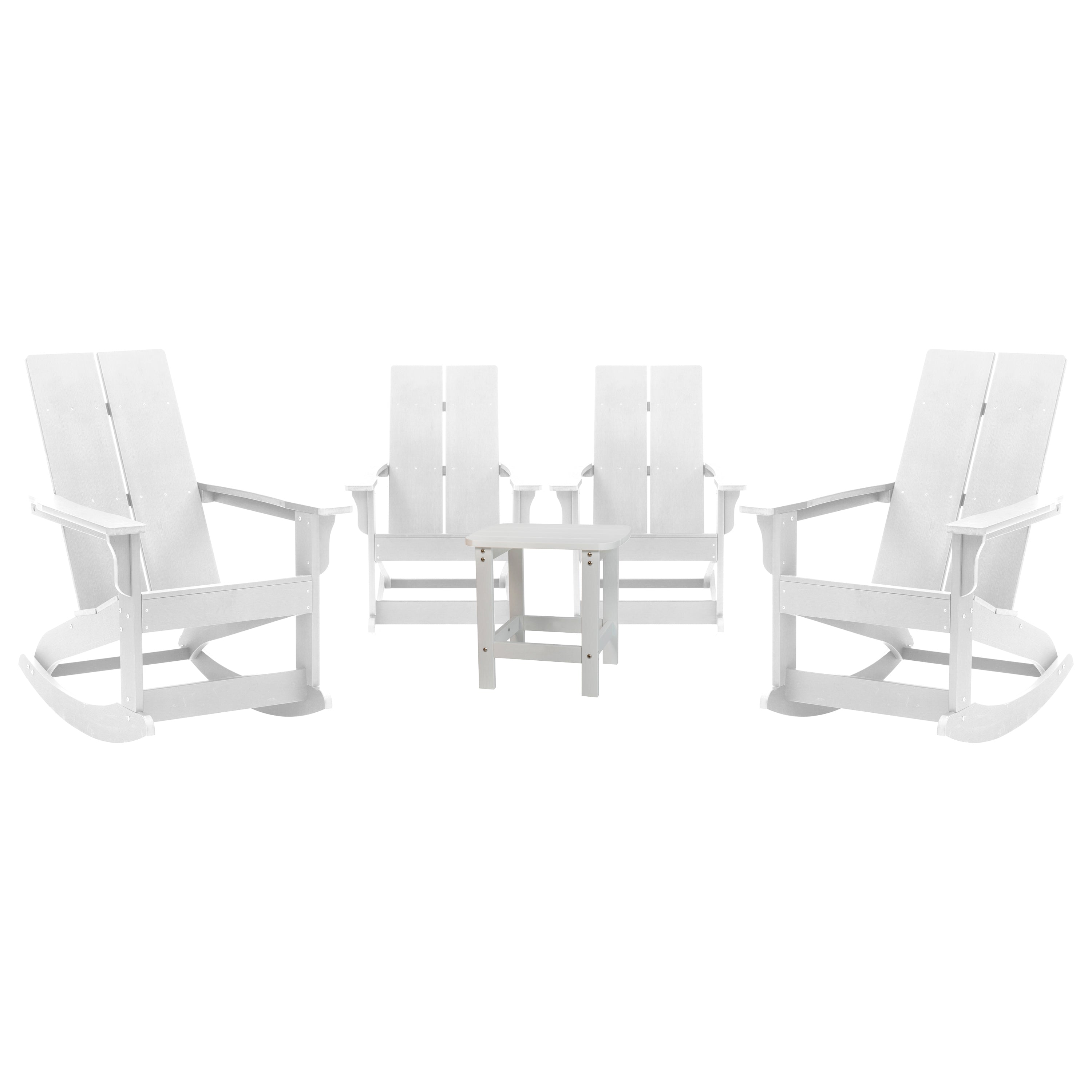 Set of 4 White Finn Modern Commercial Grade All-Weather 2-Slat Poly Resin Rocking Adirondack Chairs with Matching Side Table