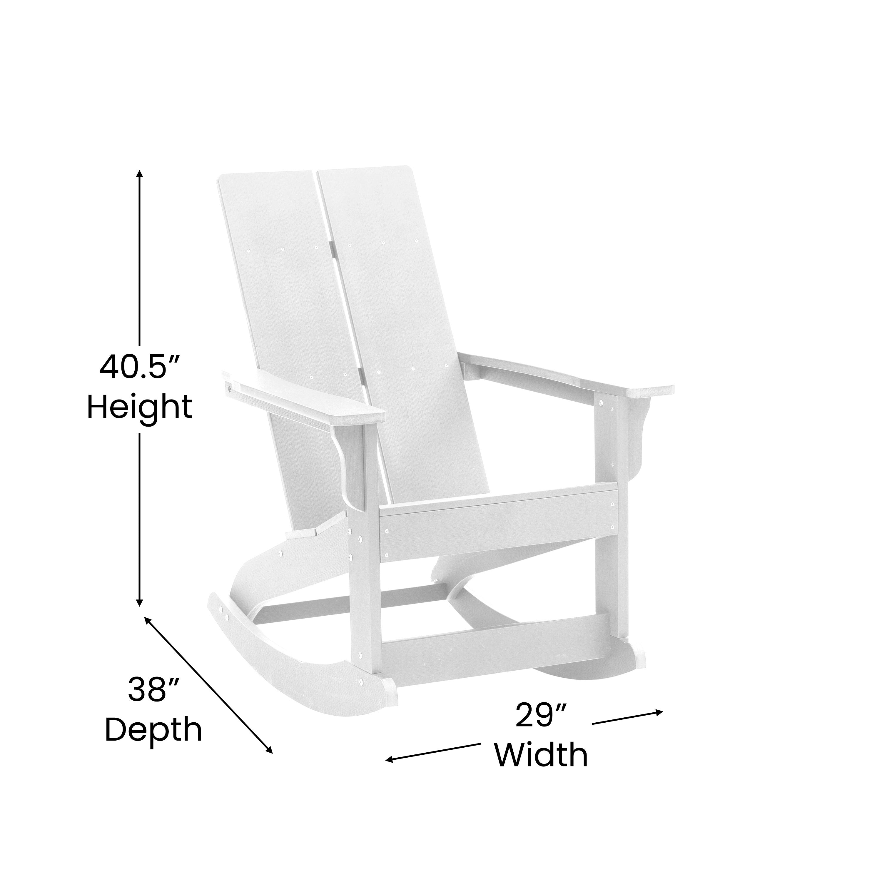 Set of 4 White Finn Modern Commercial Grade All-Weather 2-Slat Poly Resin Rocking Adirondack Chairs with Matching Side Table