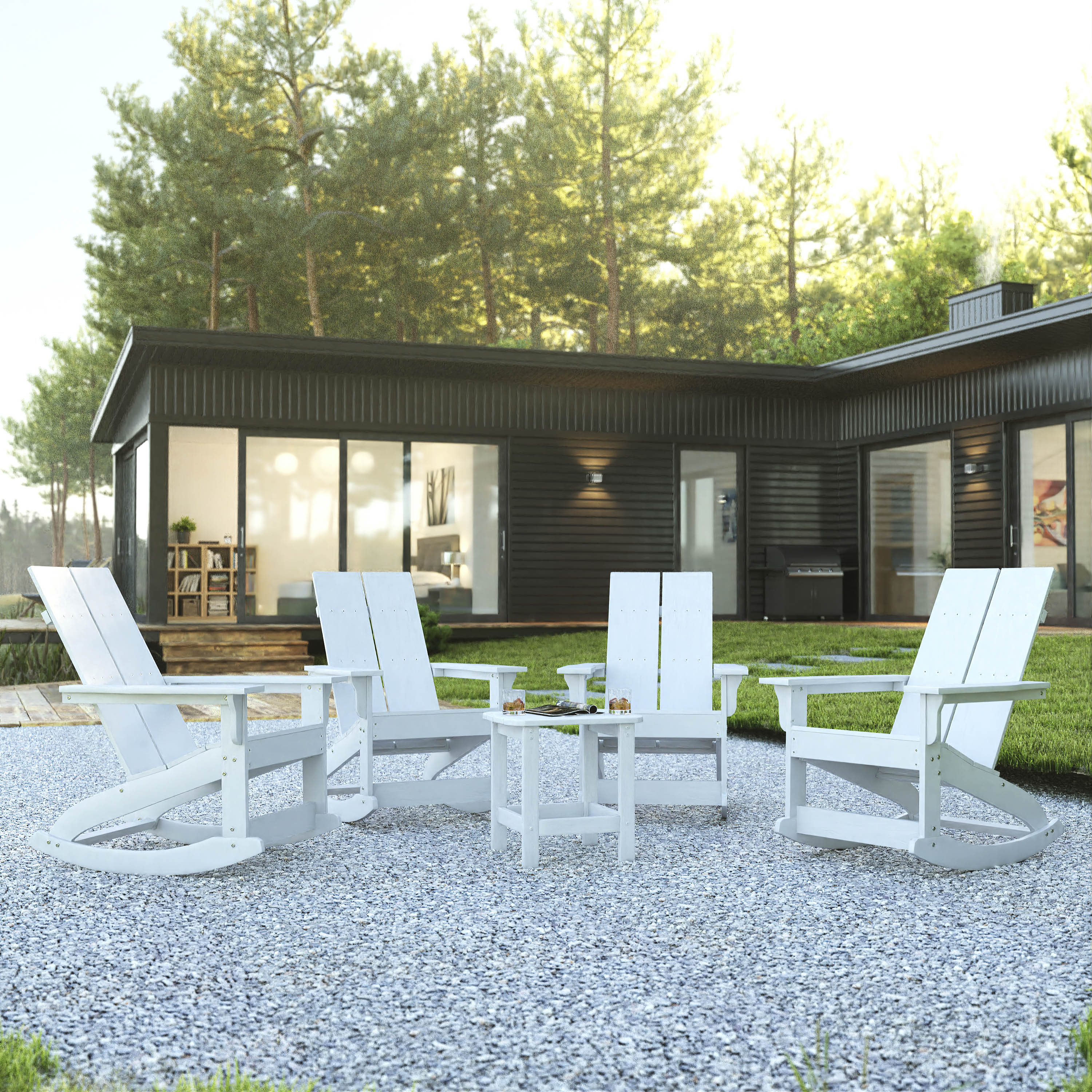 Set of 4 White Finn Modern Commercial Grade All-Weather 2-Slat Poly Resin Rocking Adirondack Chairs with Matching Side Table